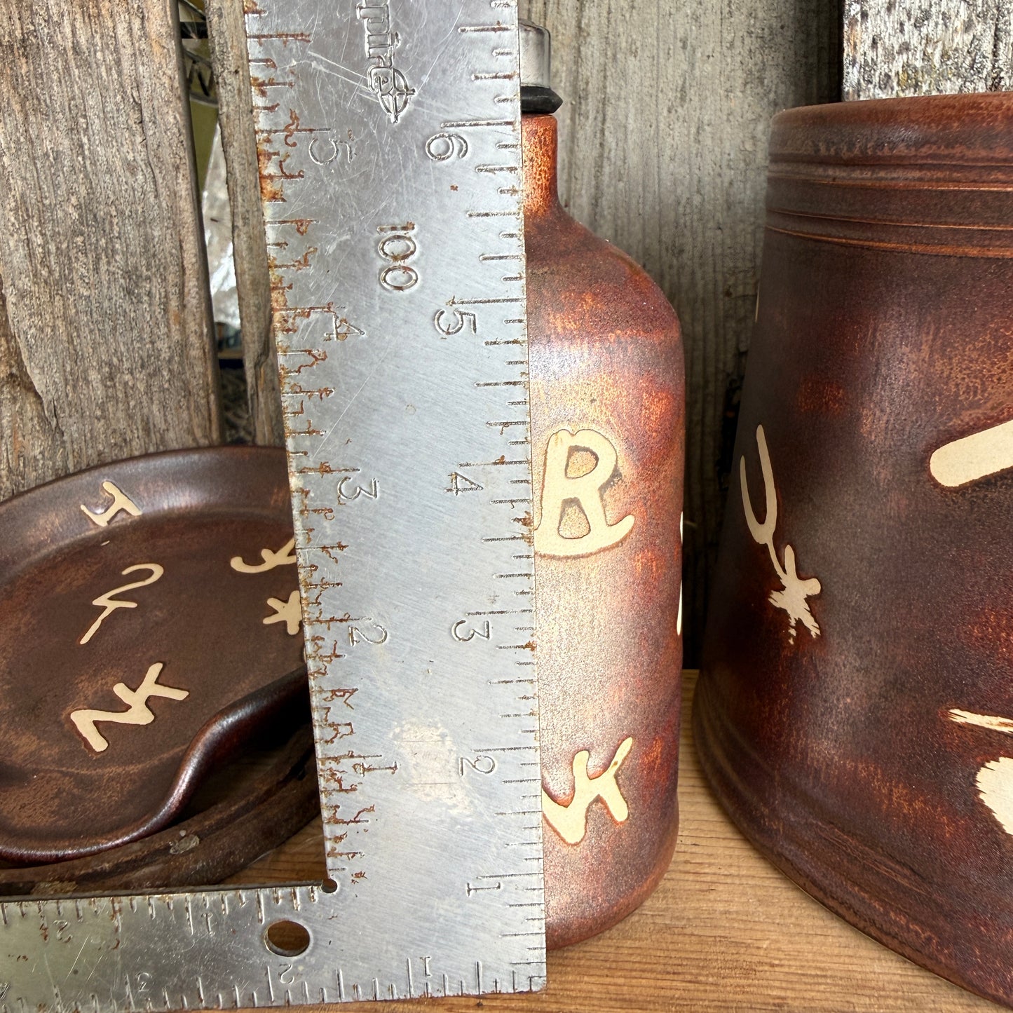Kitchen Utensil Crock, spoon rest and Oil Bottle - Copper Branded