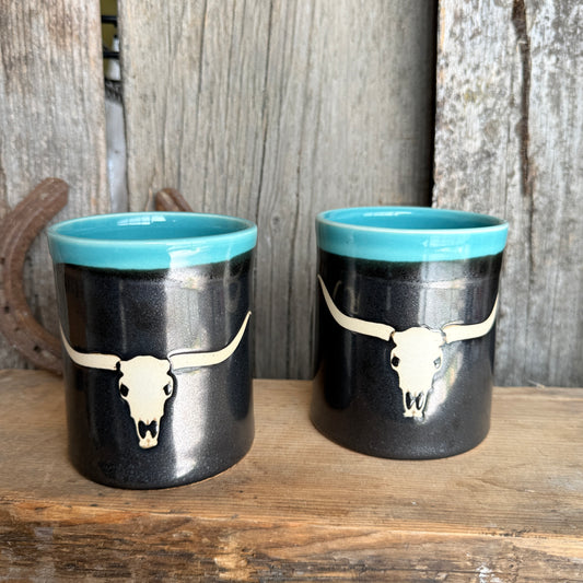 Cup Set of 2-  Longhorn skull Turquoise and Gunmetal