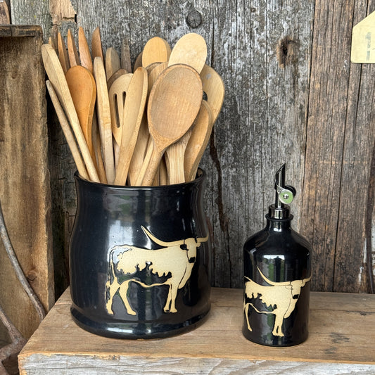Kitchen Utensil Crock,and Oil Bottle - Gunmetal Longhorn