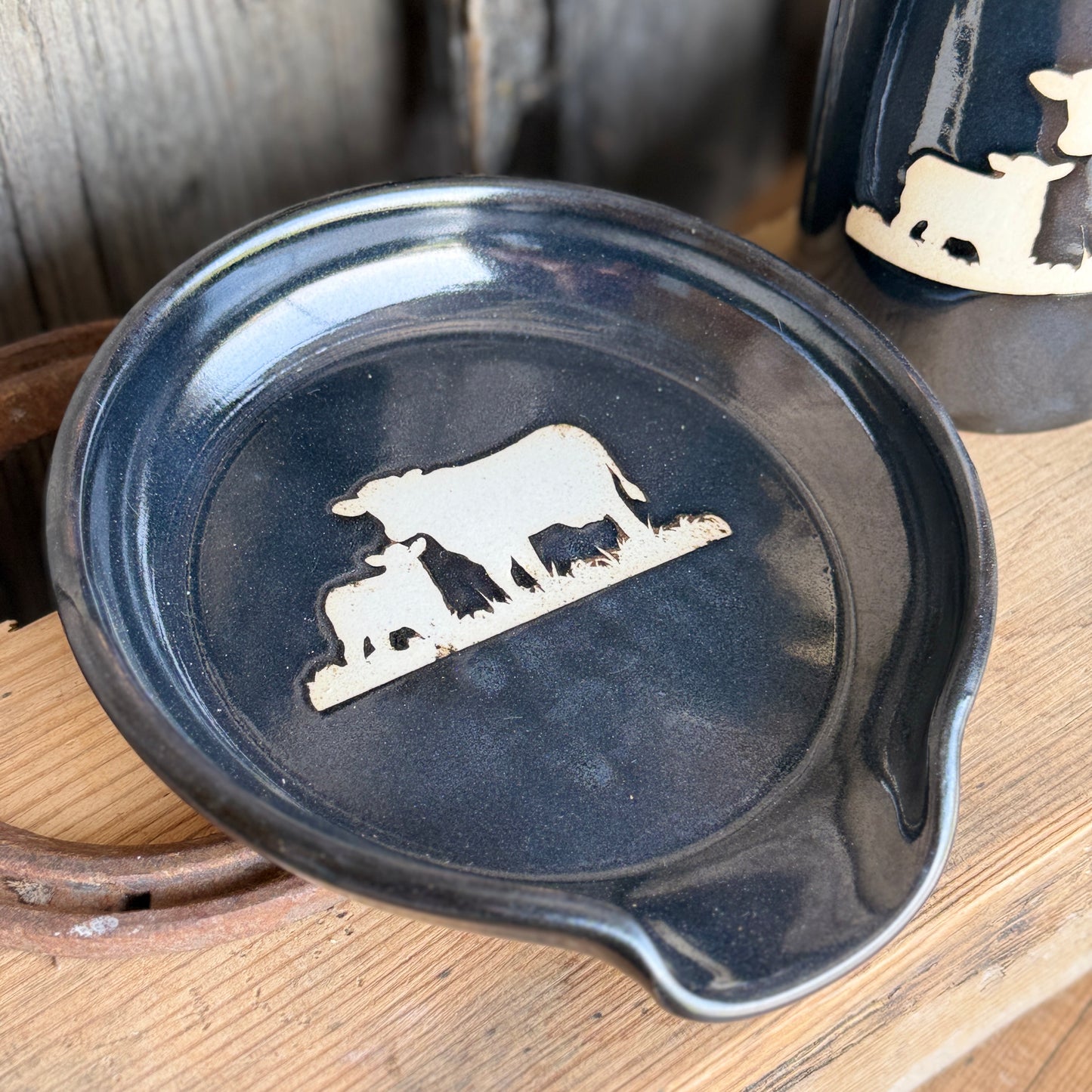 Kitchen Utensil Crock, spoon rest and soap dispenser- gunmetal cattle