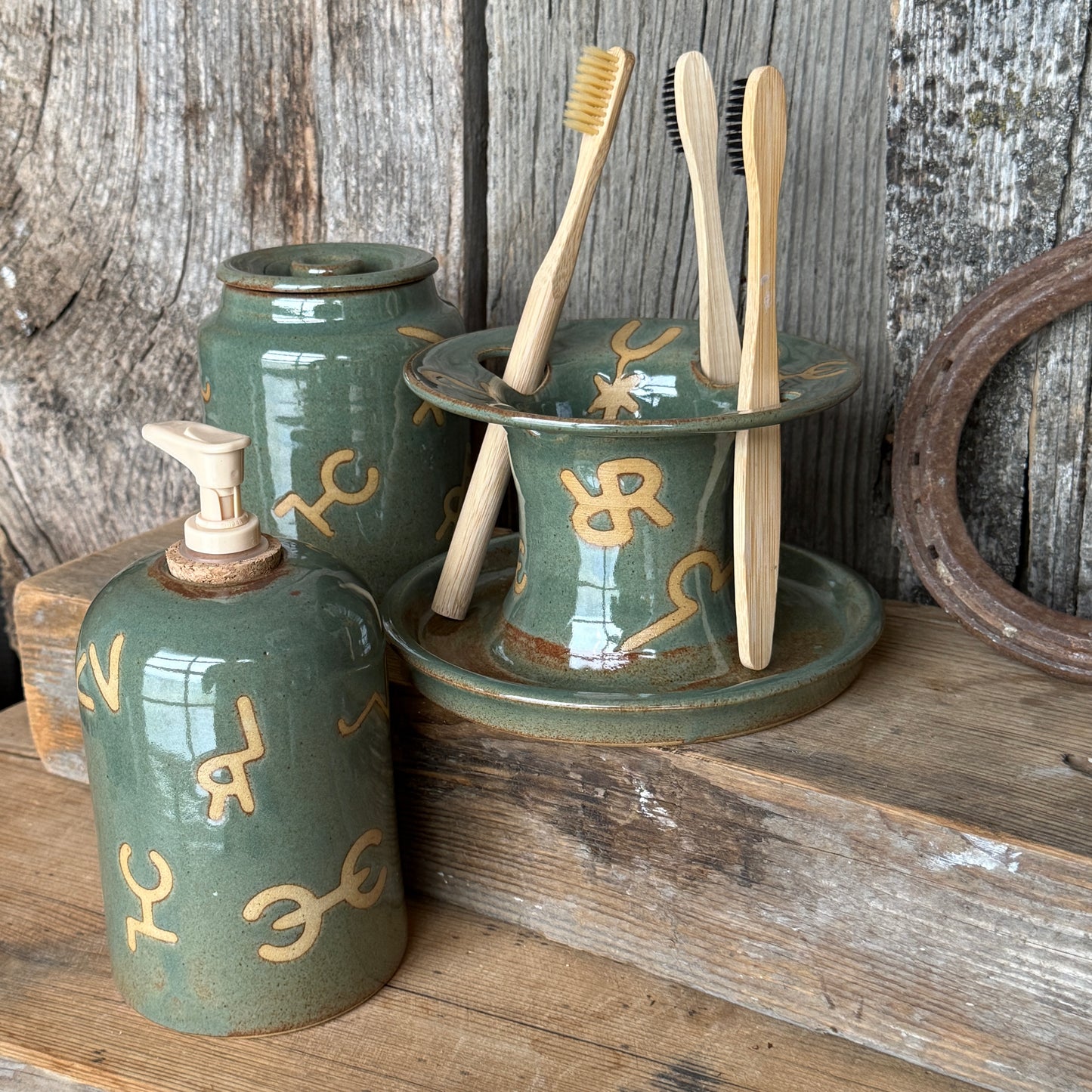 Bathroom Set of 3 - Soap Bottle, canister, and toothbrush holder - Branded Sagebrush