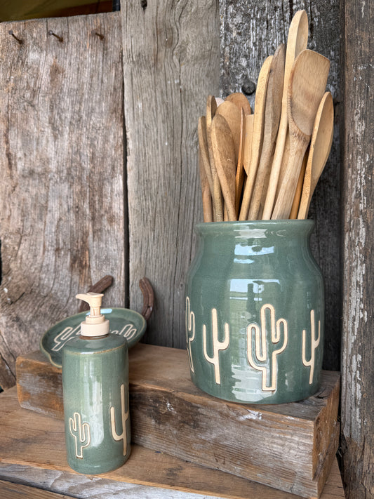 Kitchen Utensil Crock, spoon rest and soap dispenser- sagebrush cactus