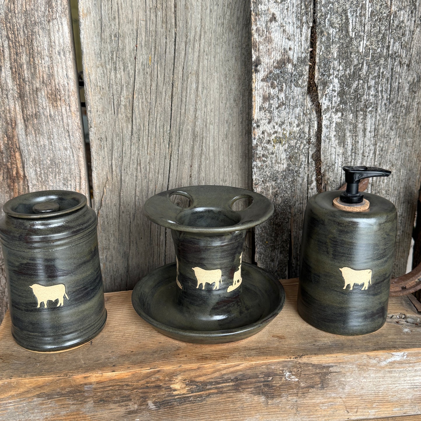 Bathroom Set of 3 - Soap Bottle, canister, and toothbrush holder - Cattle Chicory