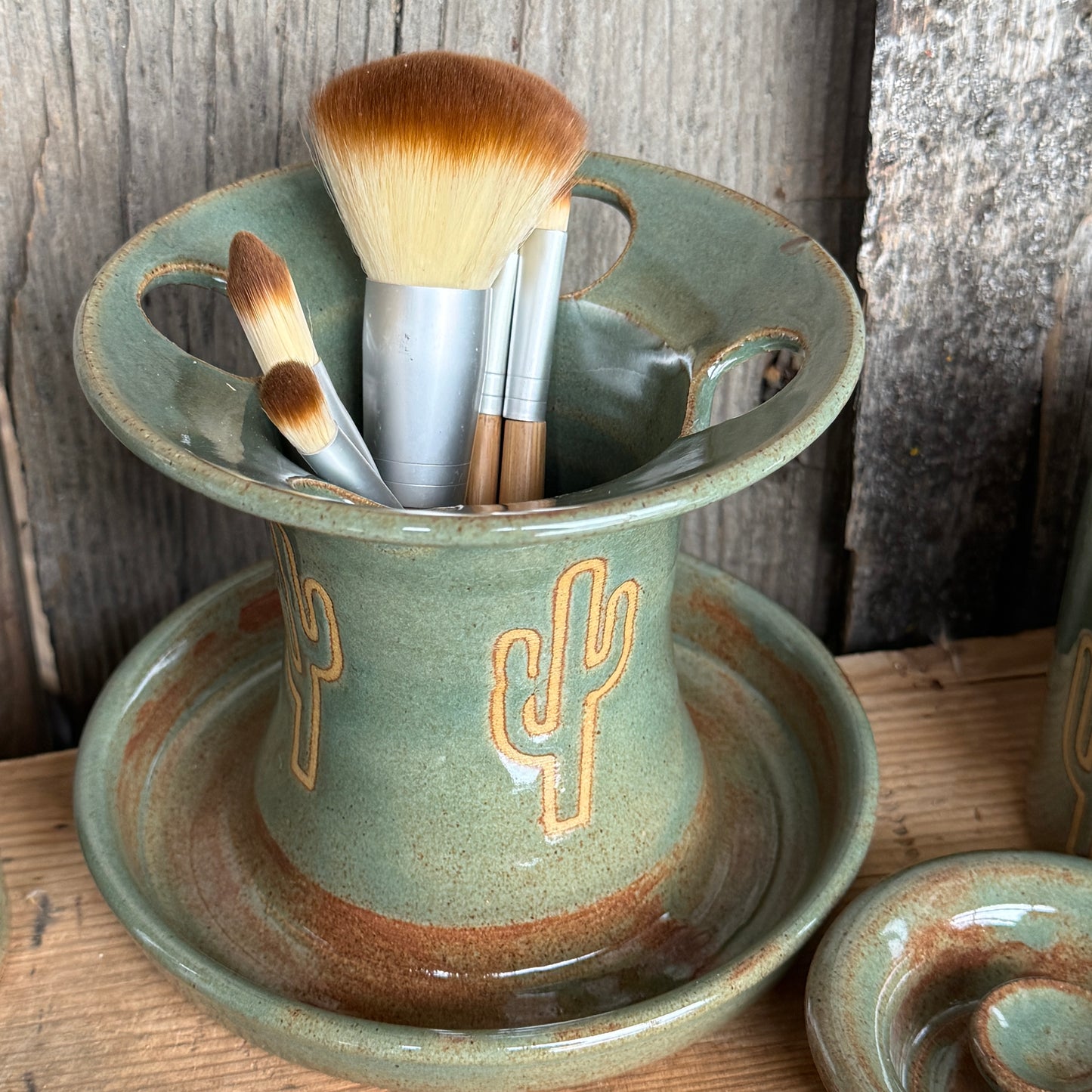 Bathroom Set of 3 - Soap Bottle, canister, and toothbrush holder - Sagebrush Cactus