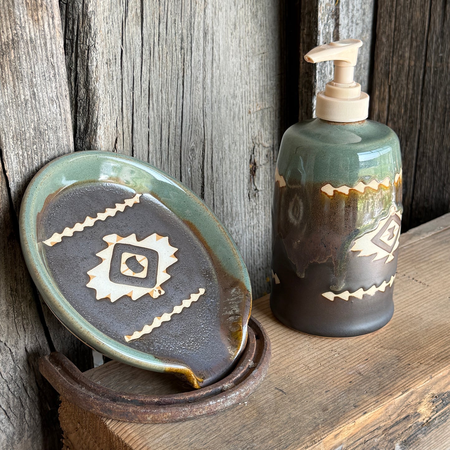 Soap dispenser and spoon rest -  southwestern Sagebrush and Leather