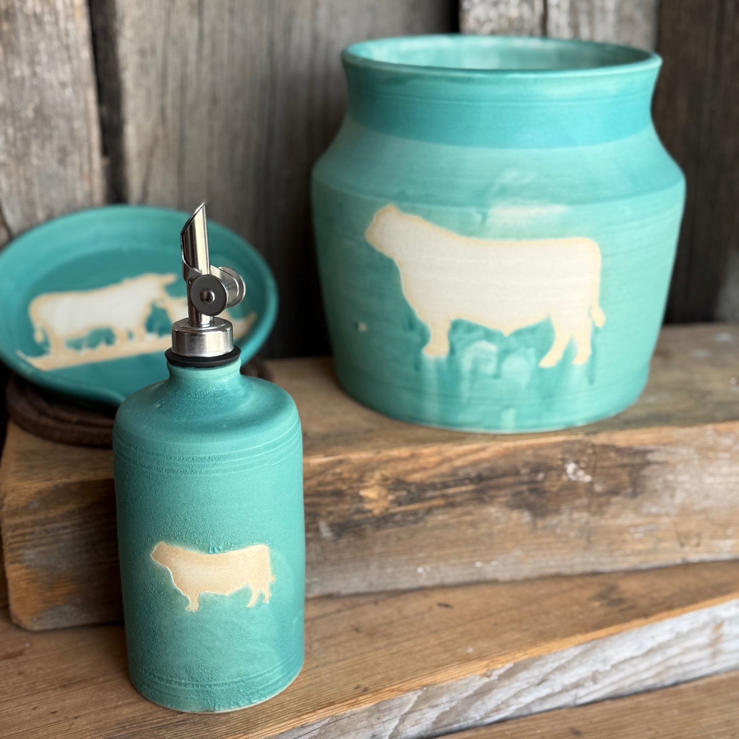 Kitchen Utensil Crock, spoon rest and Oil Bottle - turquoise cattle