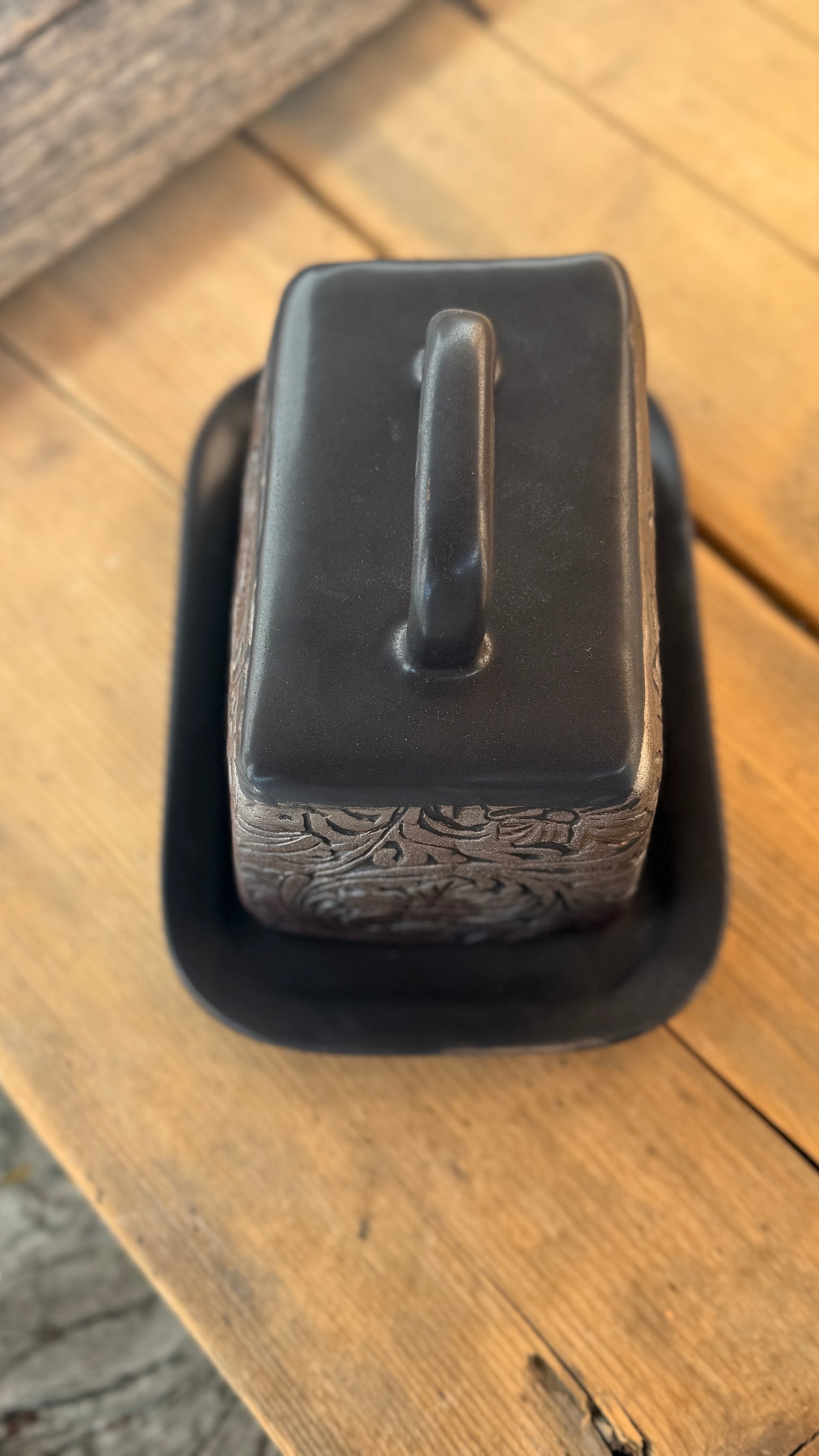 15” Stamped Leather Serving Platter and Butter Dish Set