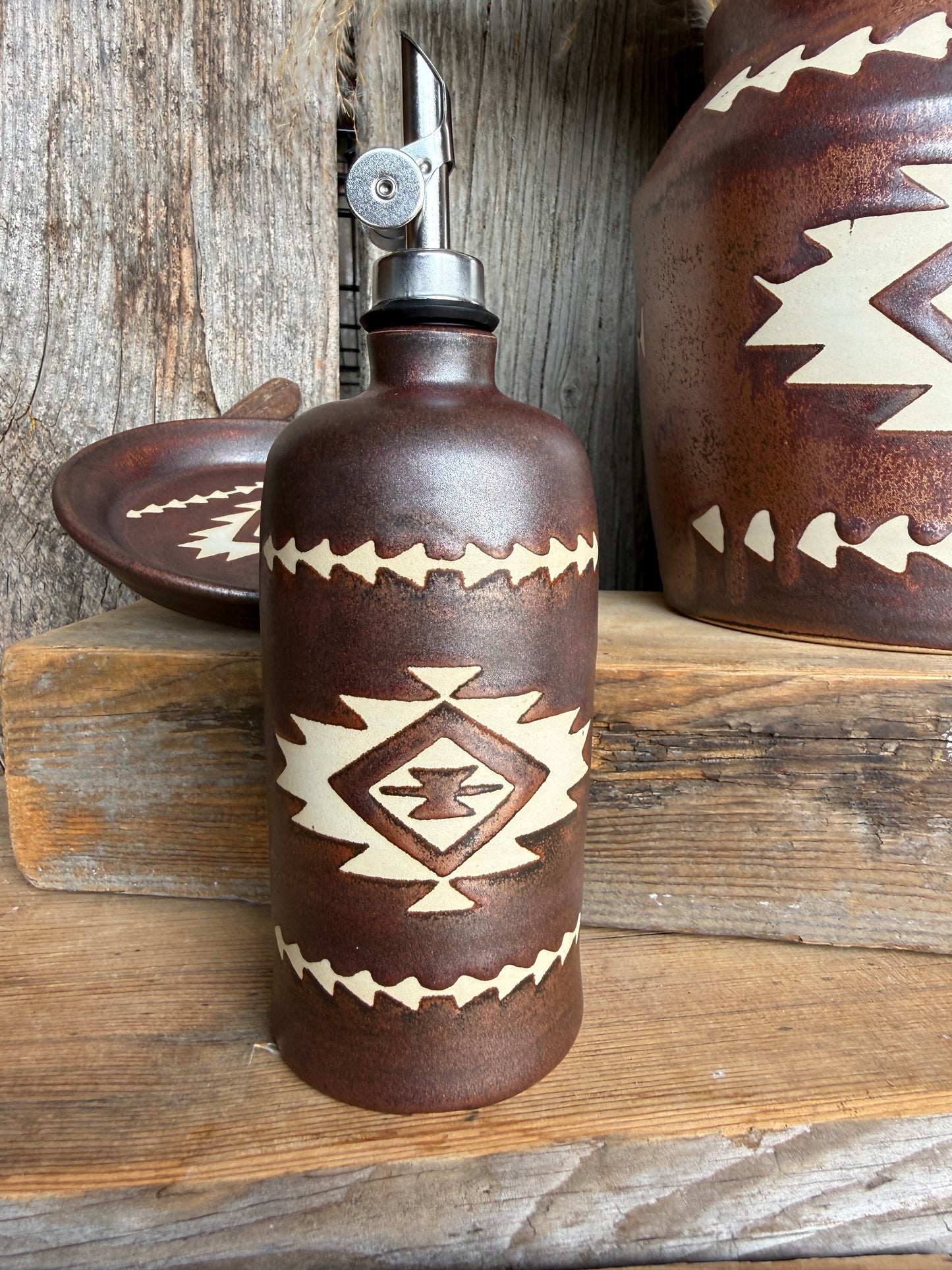 Kitchen Utensil Crock, spoon rest and Oil Bottle - Copper Southwestern