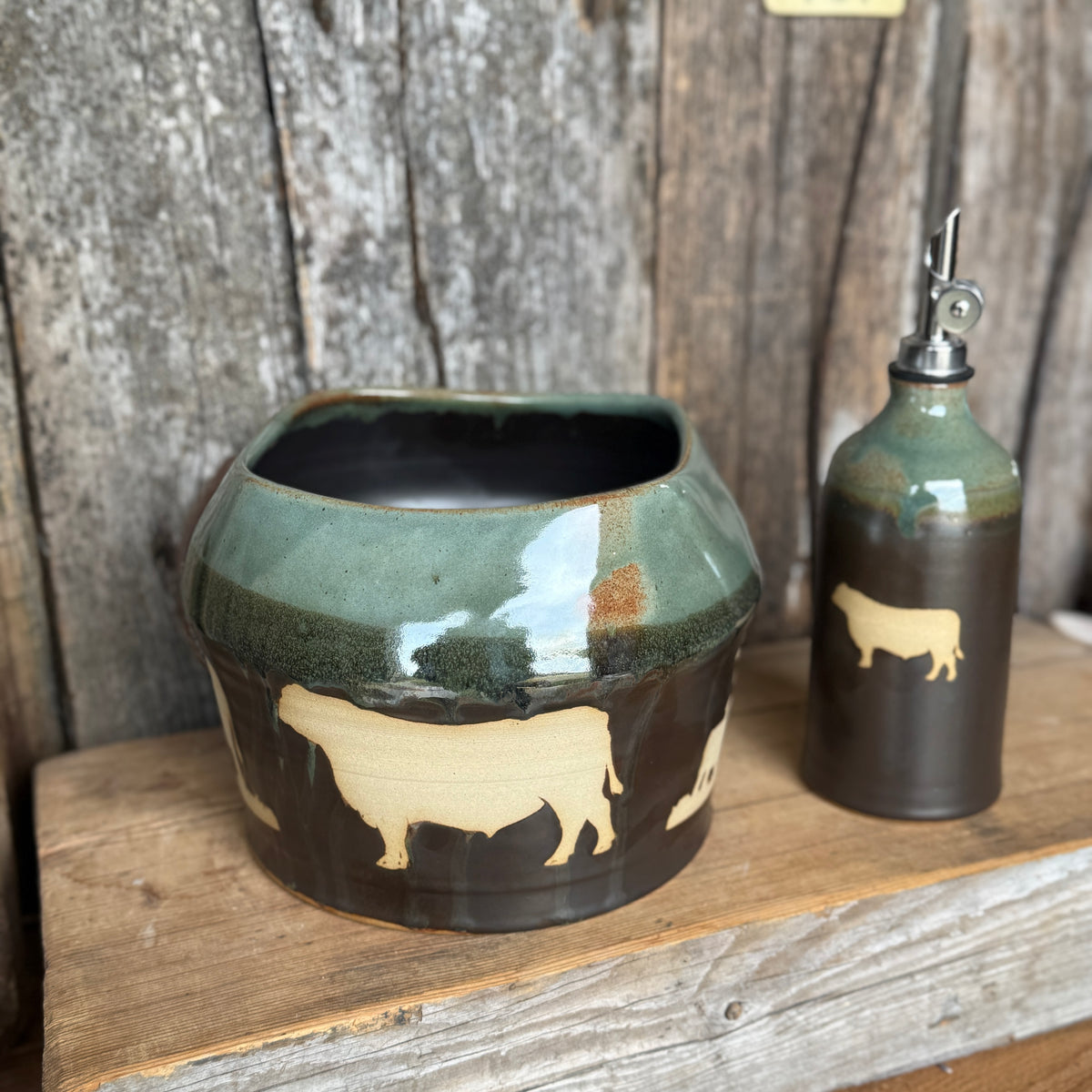Kitchen Utensil Crock,and Oil Bottle - Leather/ Sagebrush Cattle