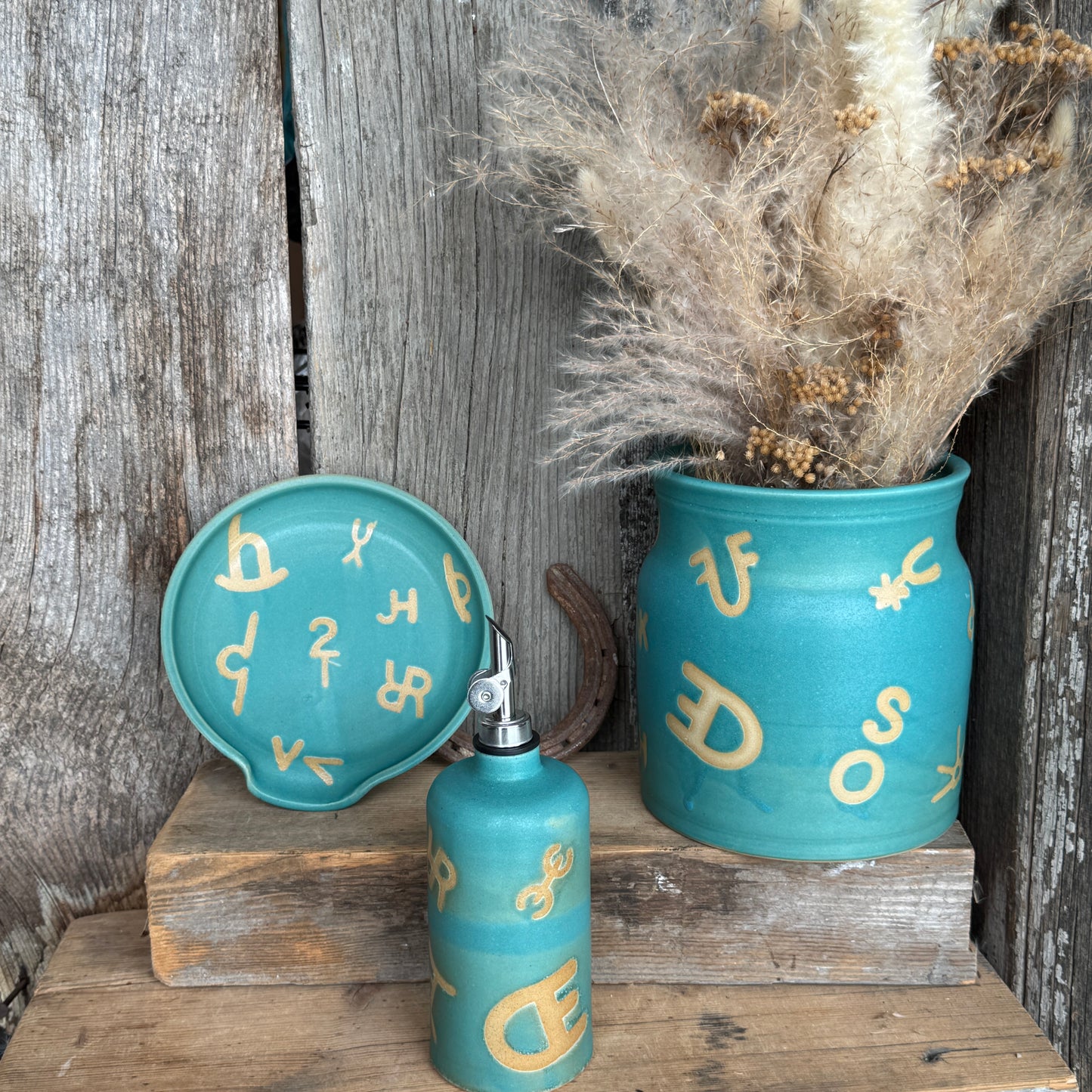 Kitchen Utensil Crock, spoon rest and Oil Bottle - Branded Turquoise