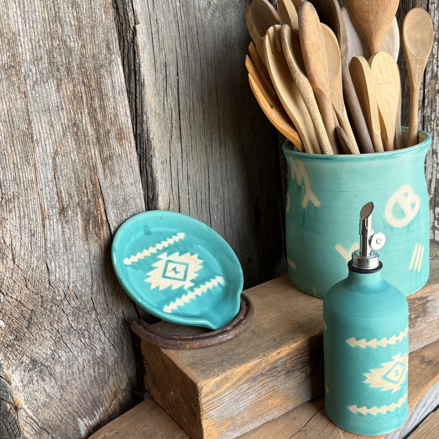 Kitchen Utensil Crock, spoon rest and Oil Bottle - turquoise