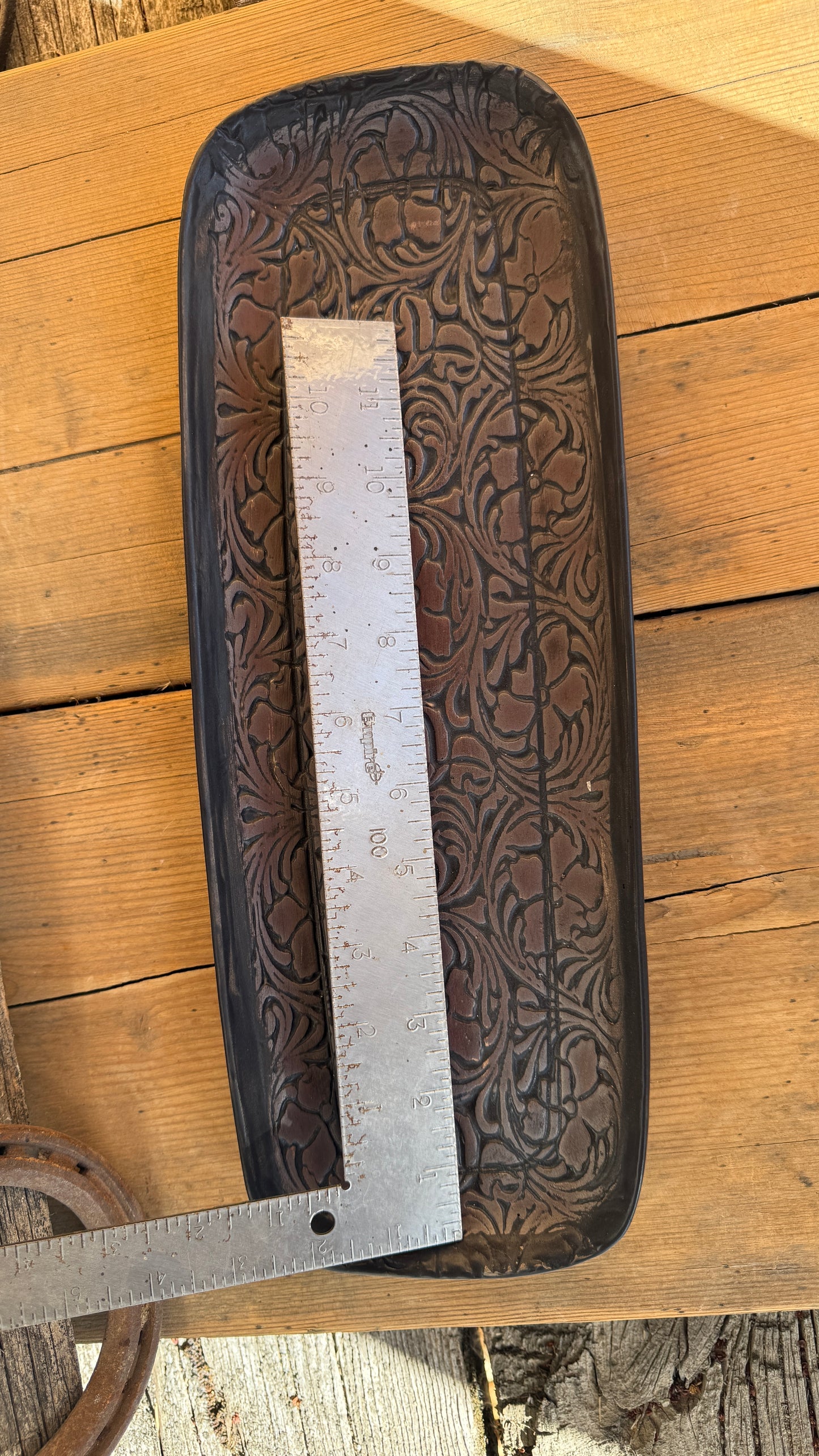 15” Stamped Leather Serving Platter and Butter Dish Set