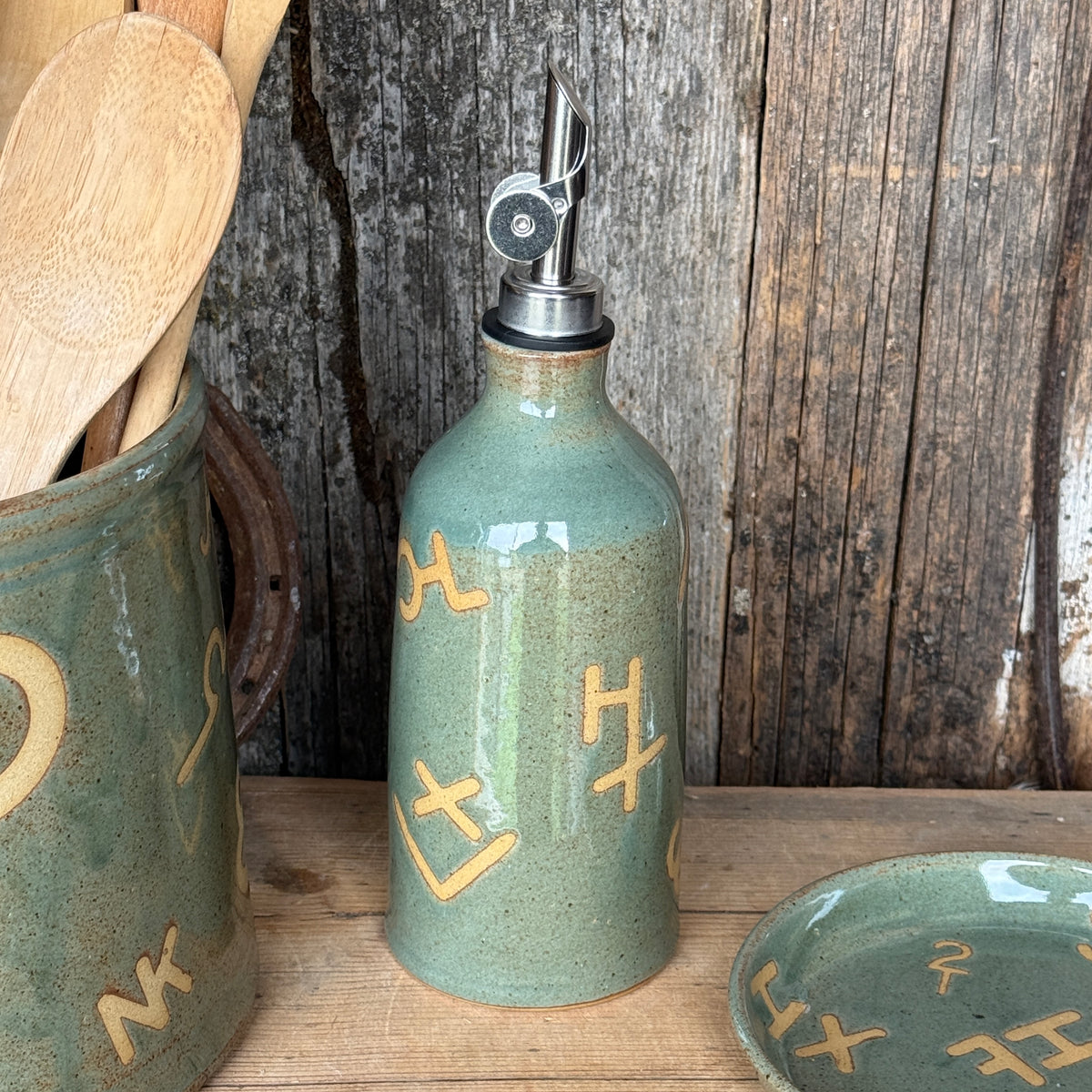 Kitchen Utensil Crock, spoon rest and oil bottle- Sagebrush Branded