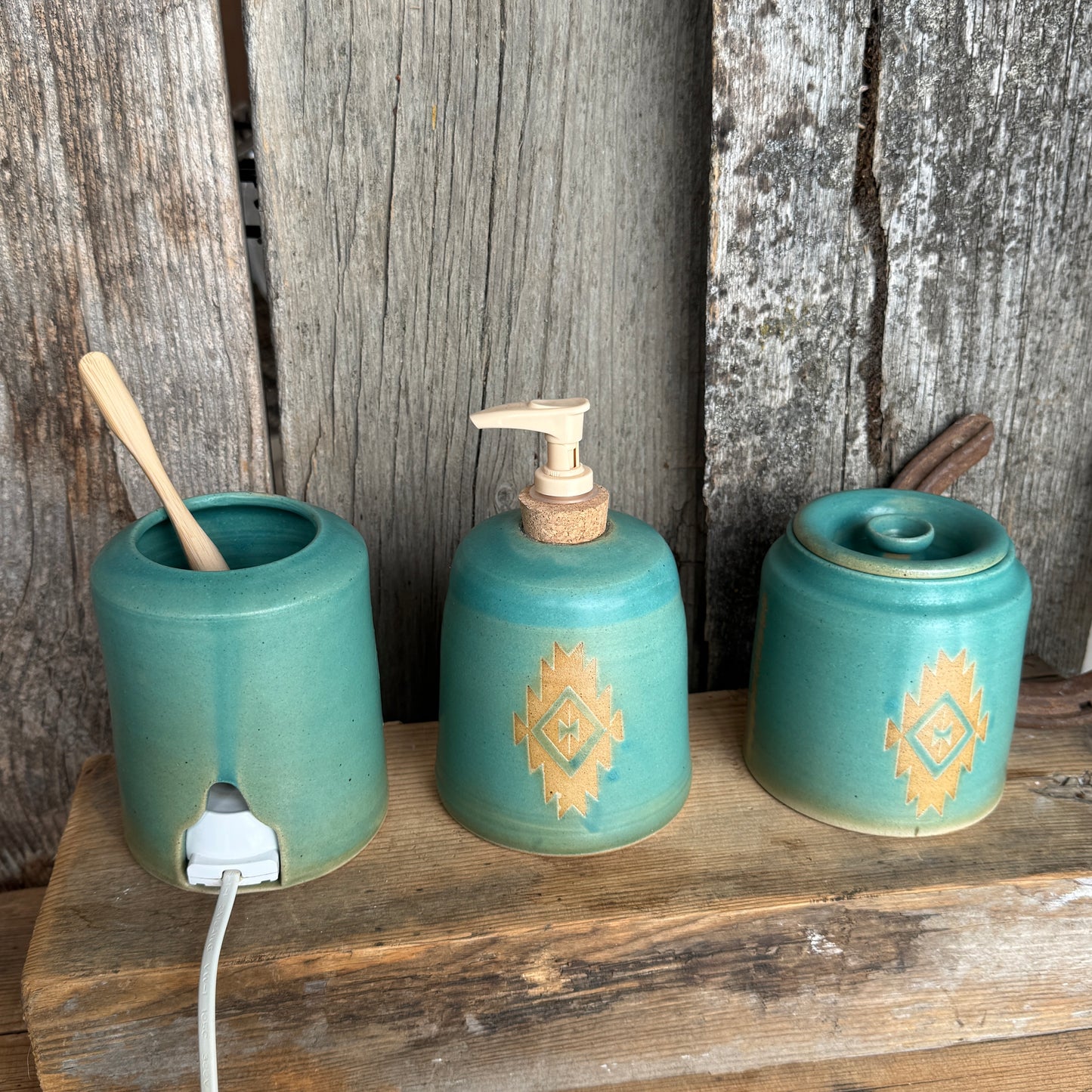 Bathroom Set of 3 - Soap Bottle, canister, and electic toothbrush holder - Southwestern Turquoise