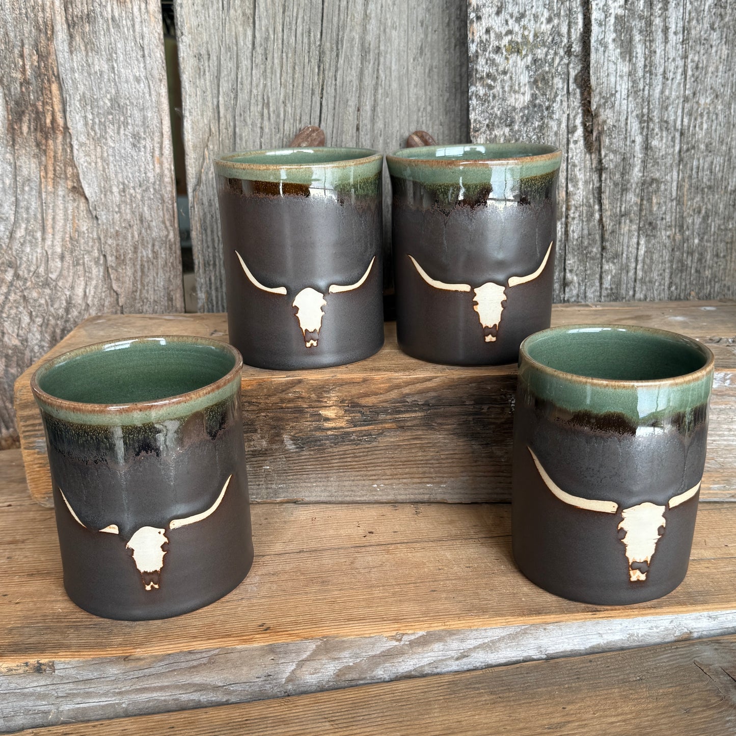 Cup Set of 4 - Longhorn Leather and Sagebrush