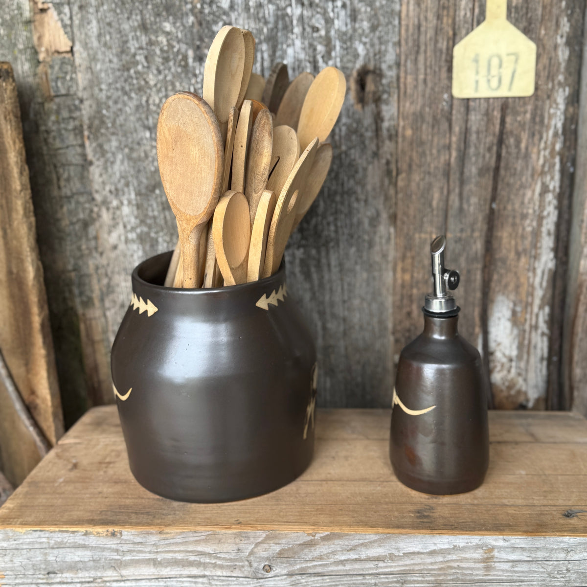 Kitchen Utensil Crock,and Oil Bottle - Leather Longhorn
