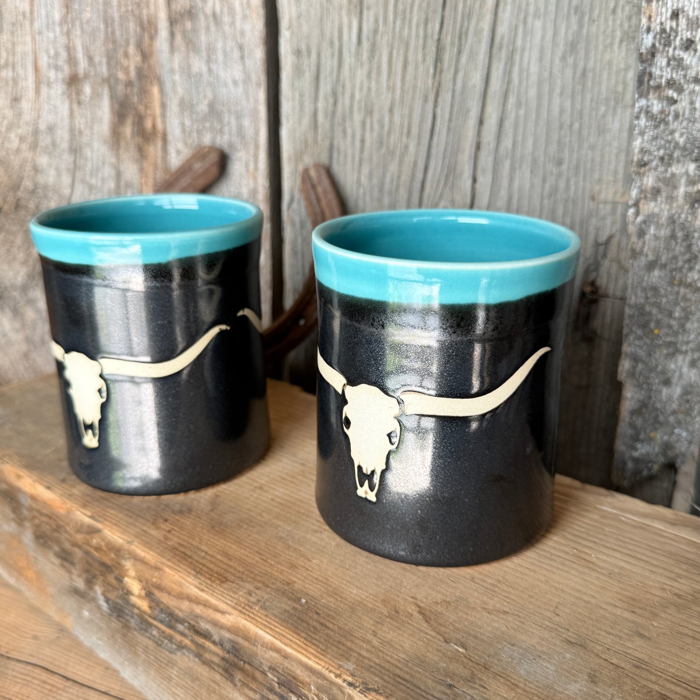 Cup Set of 2-  Longhorn skull Turquoise and Gunmetal