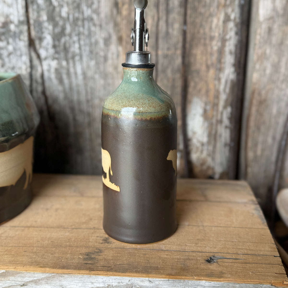 Kitchen Utensil Crock,and Oil Bottle - Leather/ Sagebrush Cattle