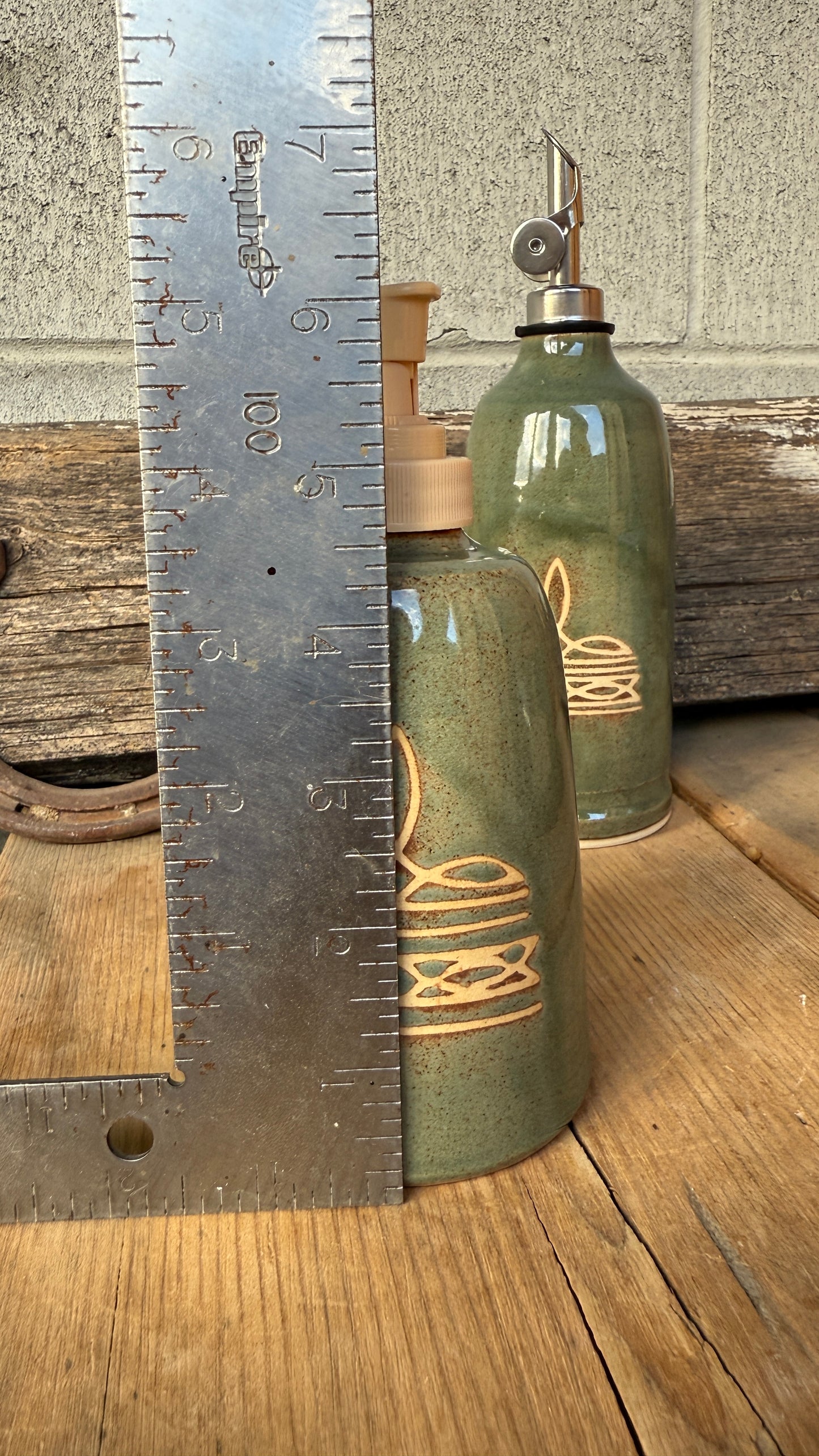 Set- Bootstitch Butter dish, soap dispenser and oil bottle