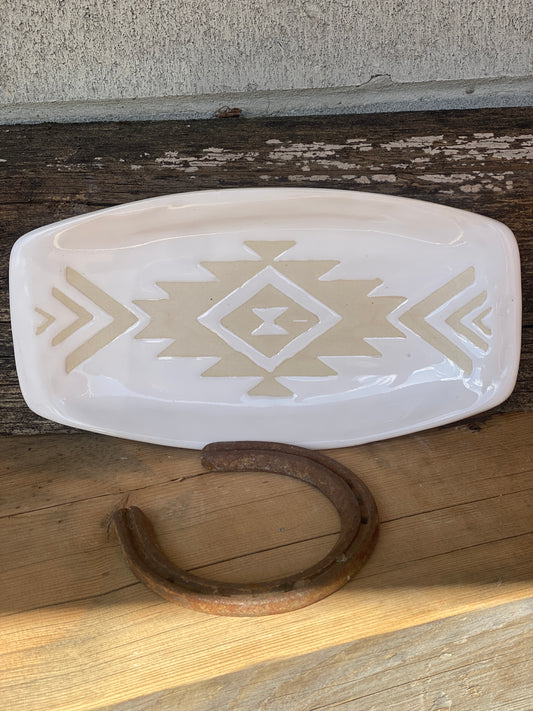 11” Platter in white southwestern