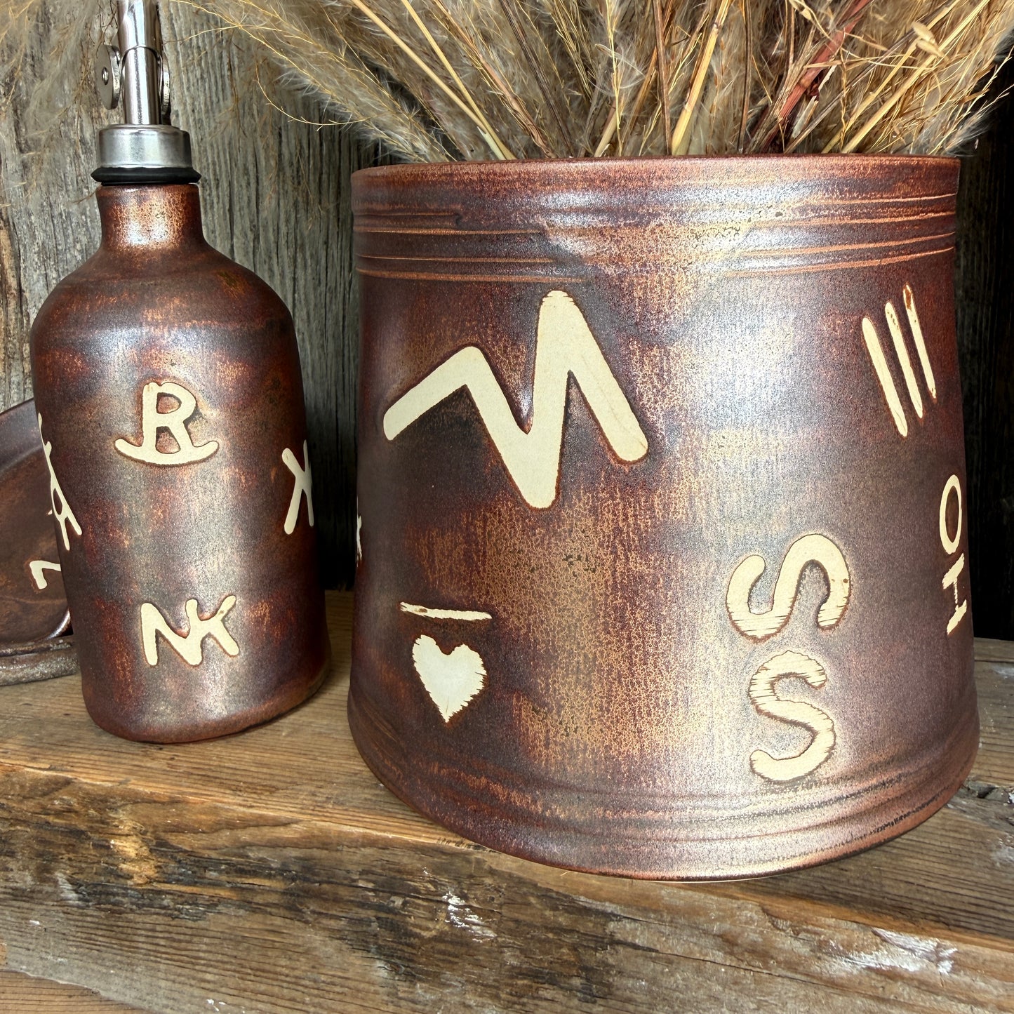 Kitchen Utensil Crock, spoon rest and Oil Bottle - Copper Branded