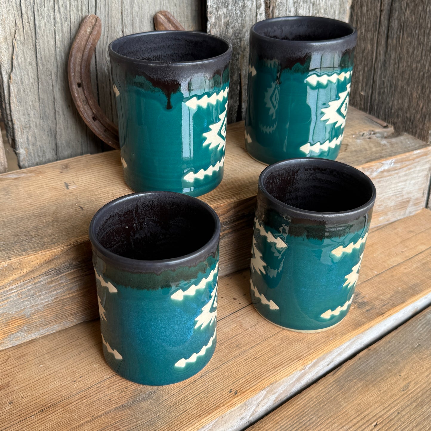 Cup Set of 4 - Southwestern Black and Turquoise Green