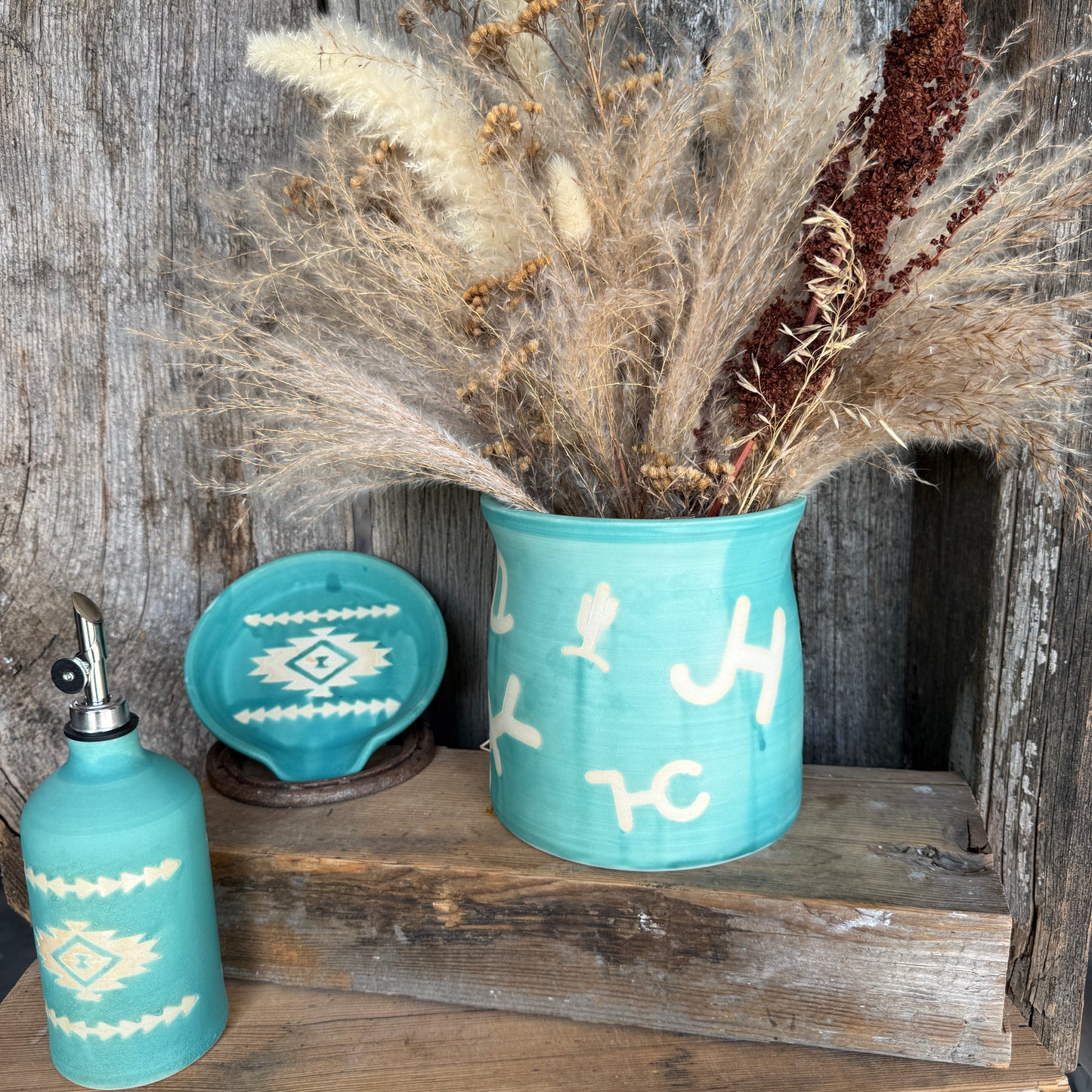 Kitchen Utensil Crock, spoon rest and Oil Bottle - turquoise