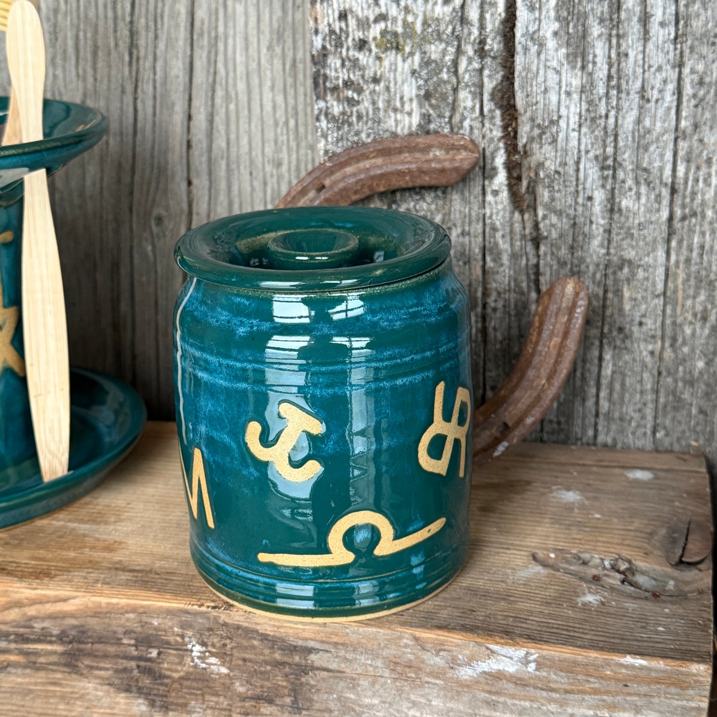 Bathroom Set of 3 - Soap Bottle, canister, and toothbrush holder - Branded Green Turquoise