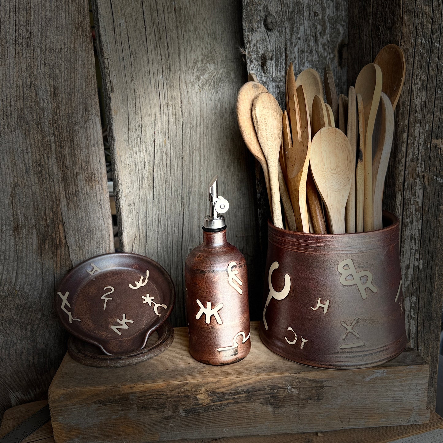 Kitchen Utensil Crock, spoon rest and Oil Bottle - Copper Branded