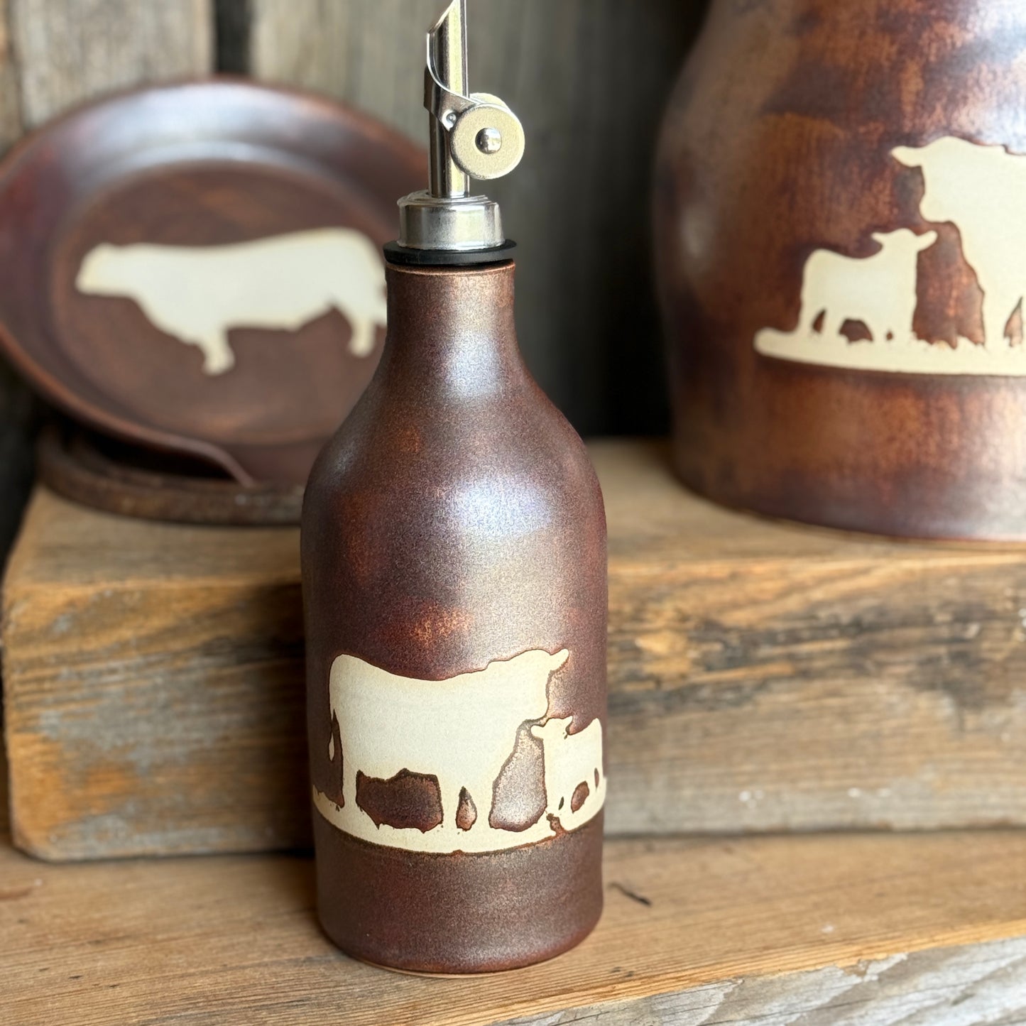 Kitchen Utensil Crock, spoon rest and Oil Bottle - Copper Cattle