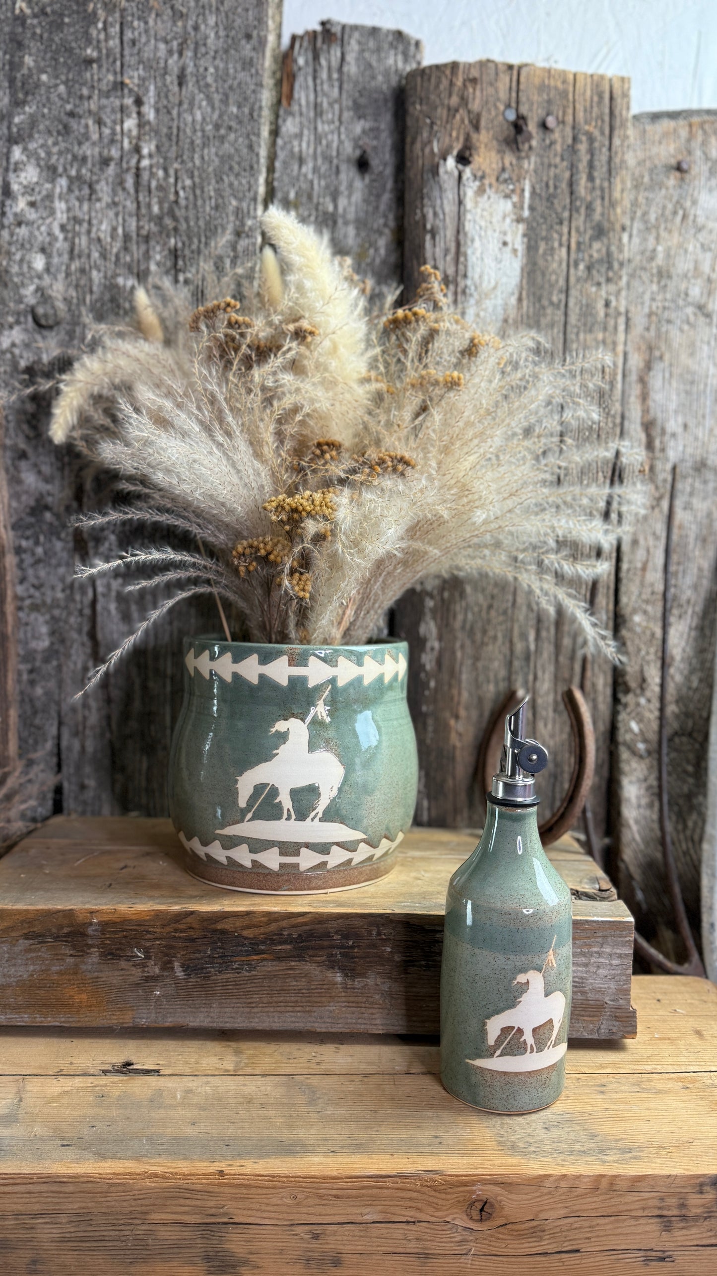 Kitchen Utensil Crock and oil bottle  dispenser - End of the Trail