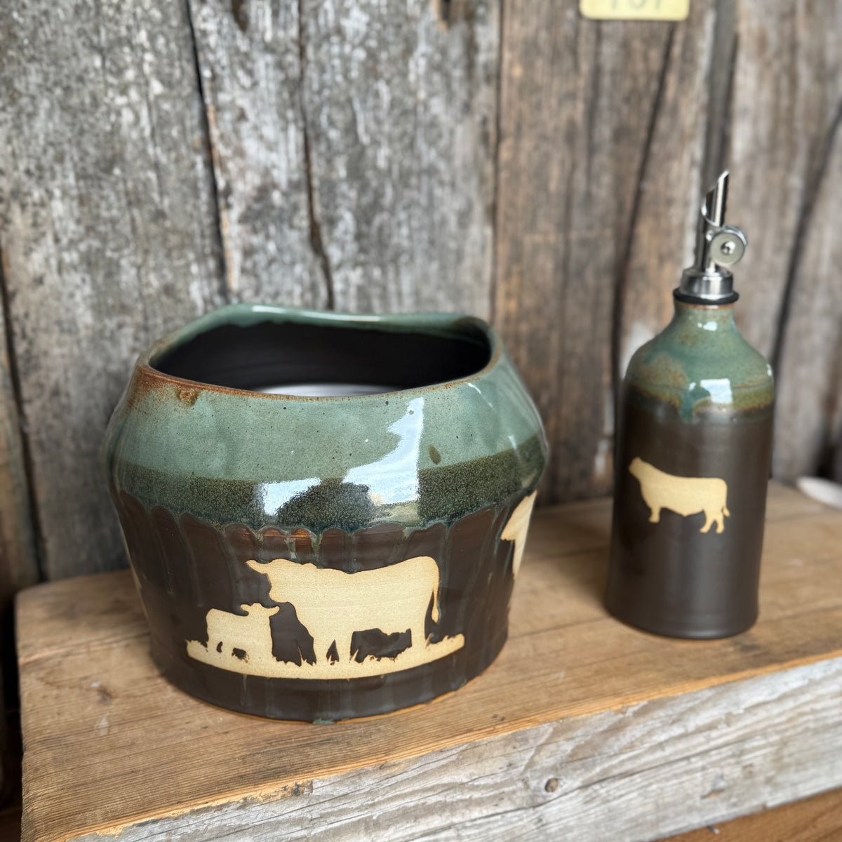 Kitchen Utensil Crock,and Oil Bottle - Leather/ Sagebrush Cattle