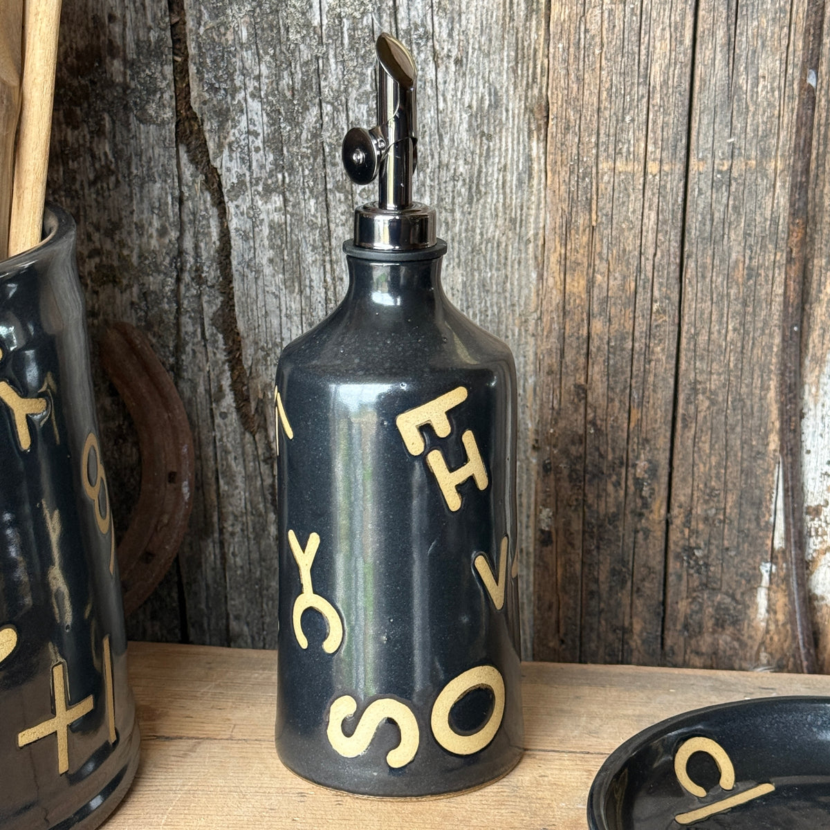 Kitchen Utensil Crock, spoon rest and oil bottle- Gunmetal Branded