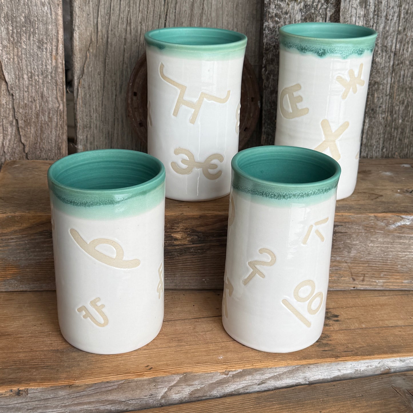Cup Set of 4 - Branded  White and Turquoise