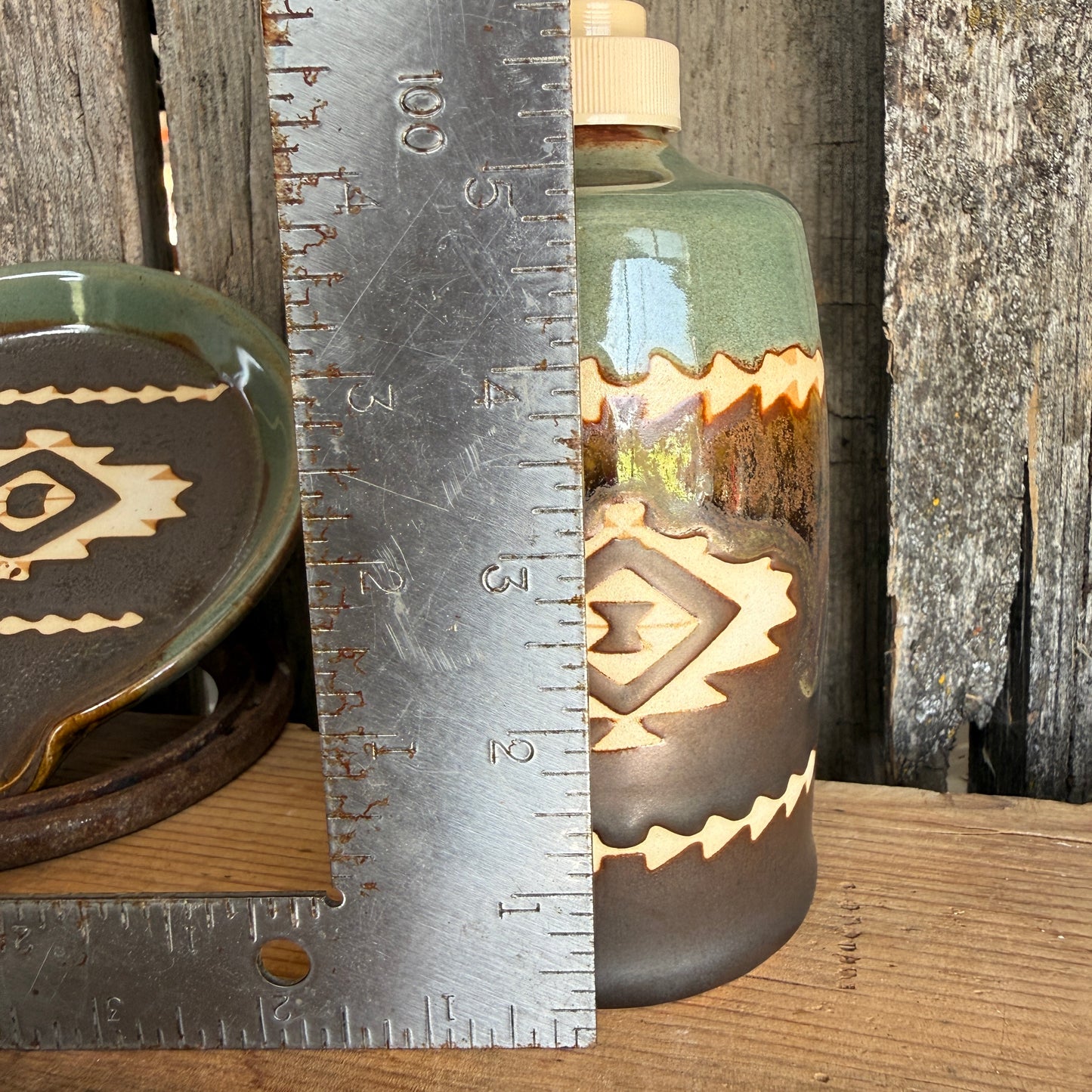 Soap dispenser and spoon rest -  southwestern Sagebrush and Leather