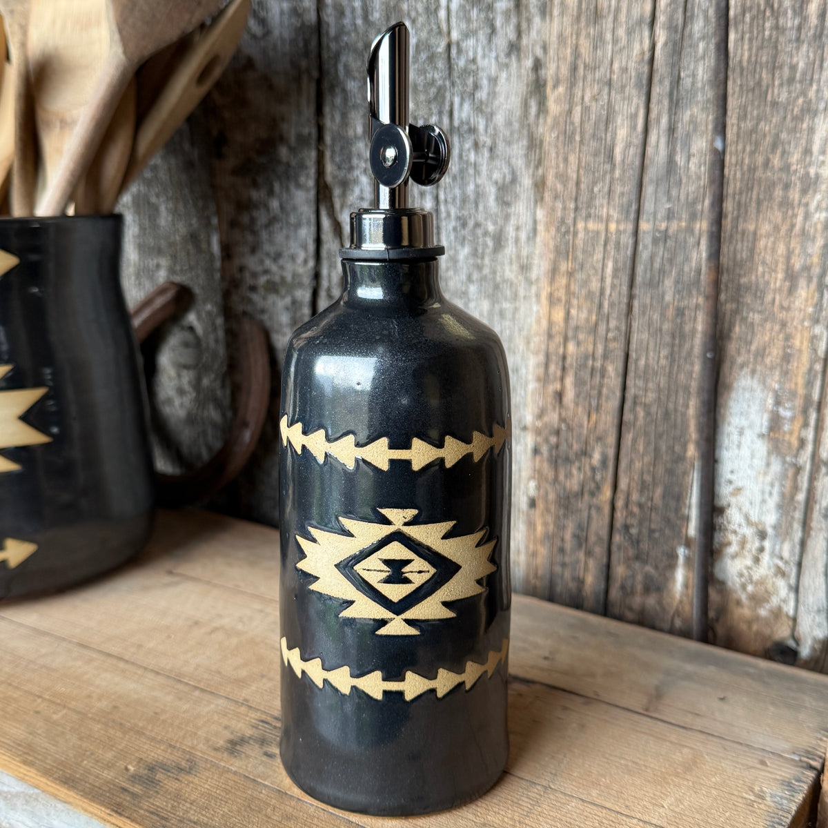 Kitchen Utensil Crock,and Oil Bottle - Gunmetal Southwestern