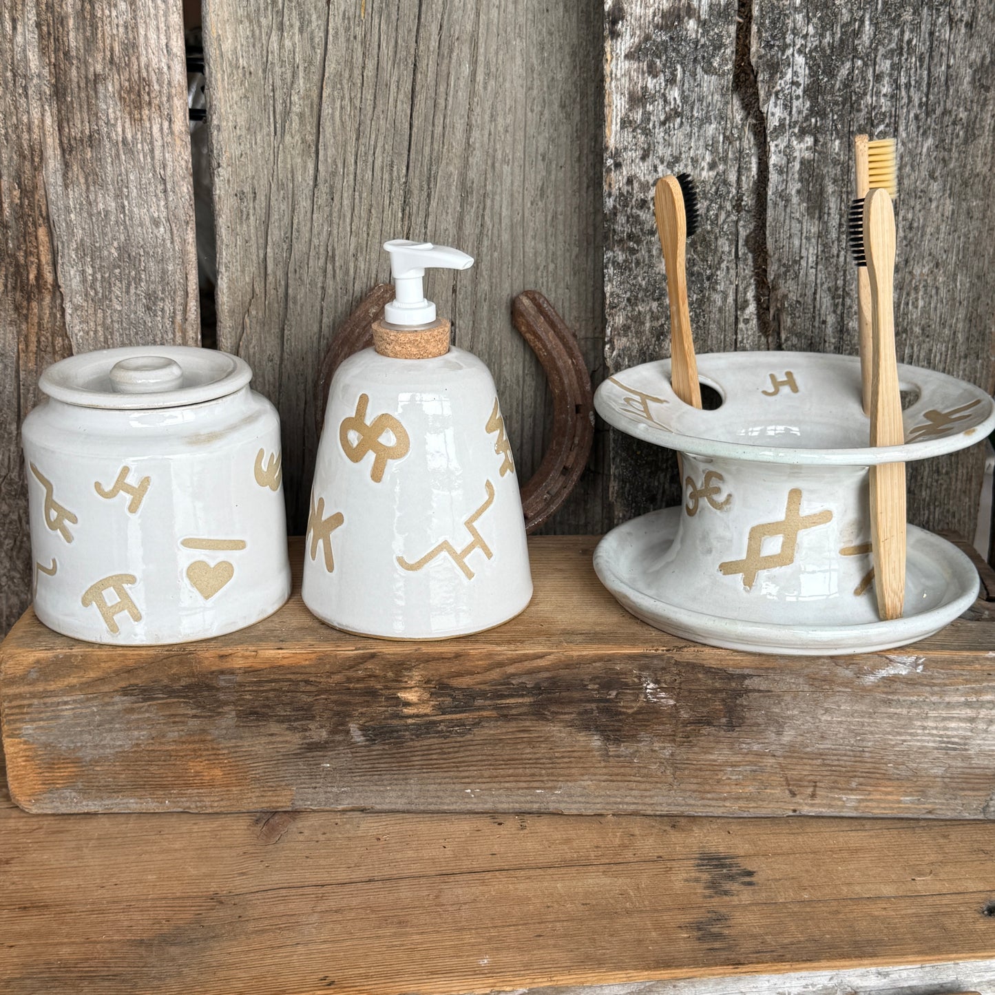 Bathroom Set of 3 - Soap Bottle, canister, and toothbrush holder - Branded White