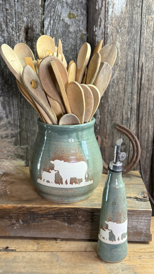 Kitchen Utensil Crock and oil bottle  -