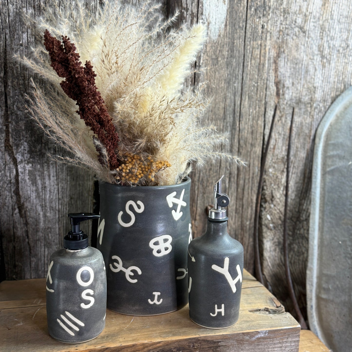 Kitchen crock set with oil and soap bottle- River Rock Branded