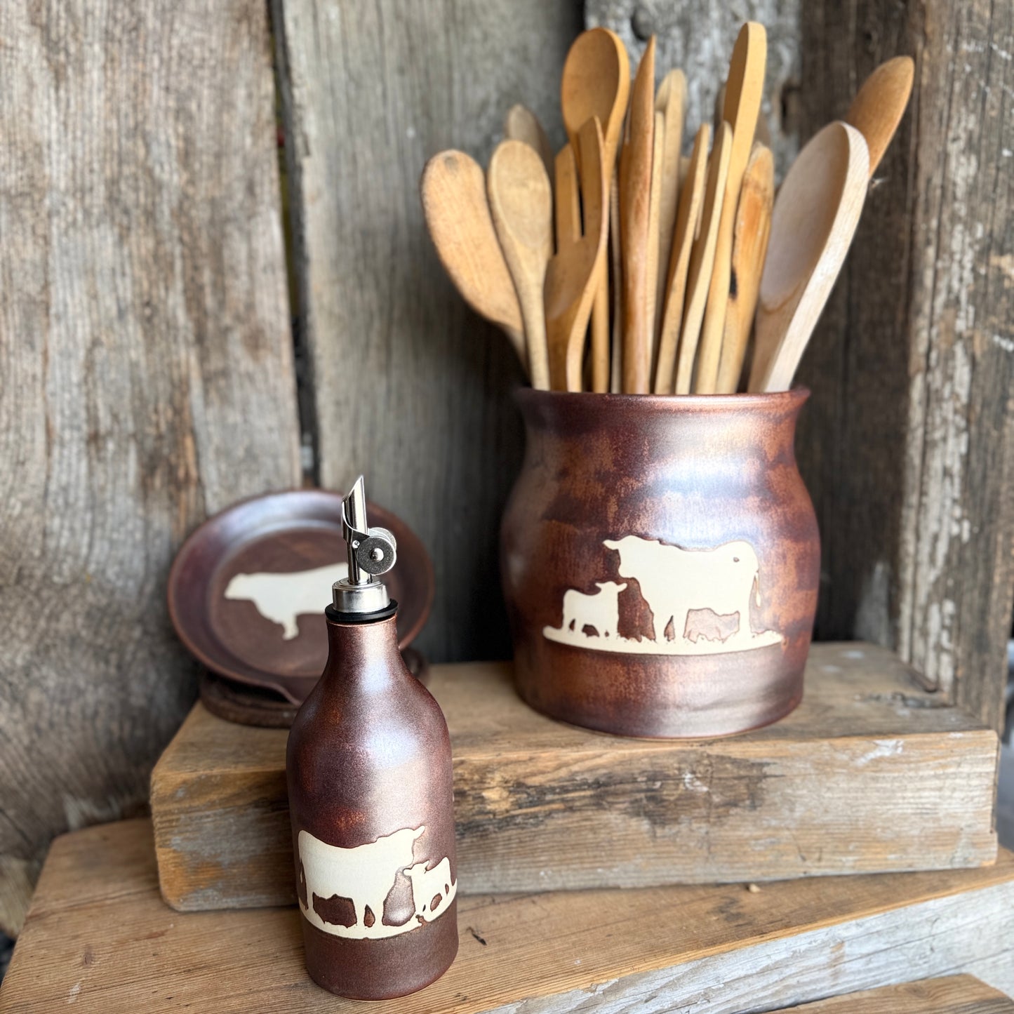 Kitchen Utensil Crock, spoon rest and Oil Bottle - Copper Cattle