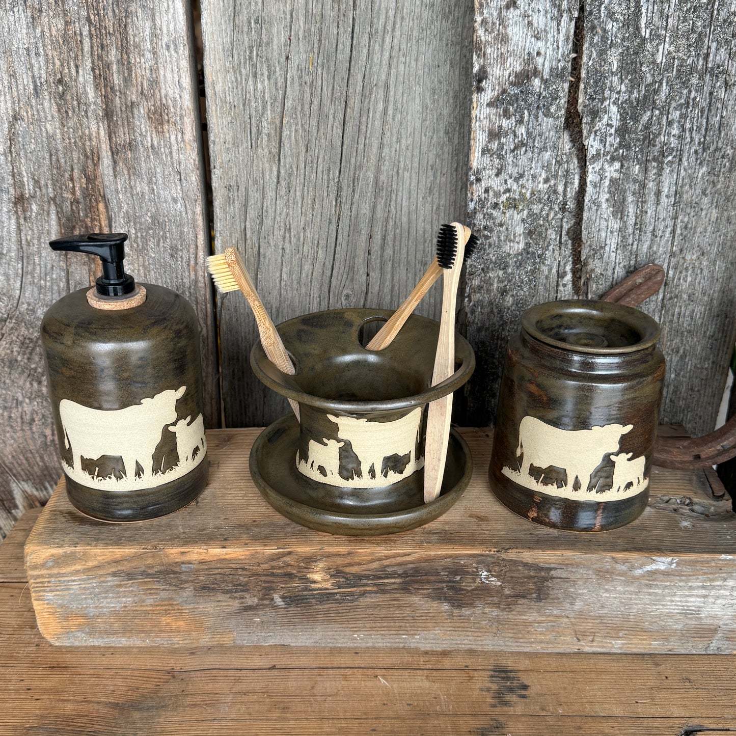 Bathroom Set of 3 - Soap Bottle, canister, and toothbrush holder (regular and electric)  - Cow Calf