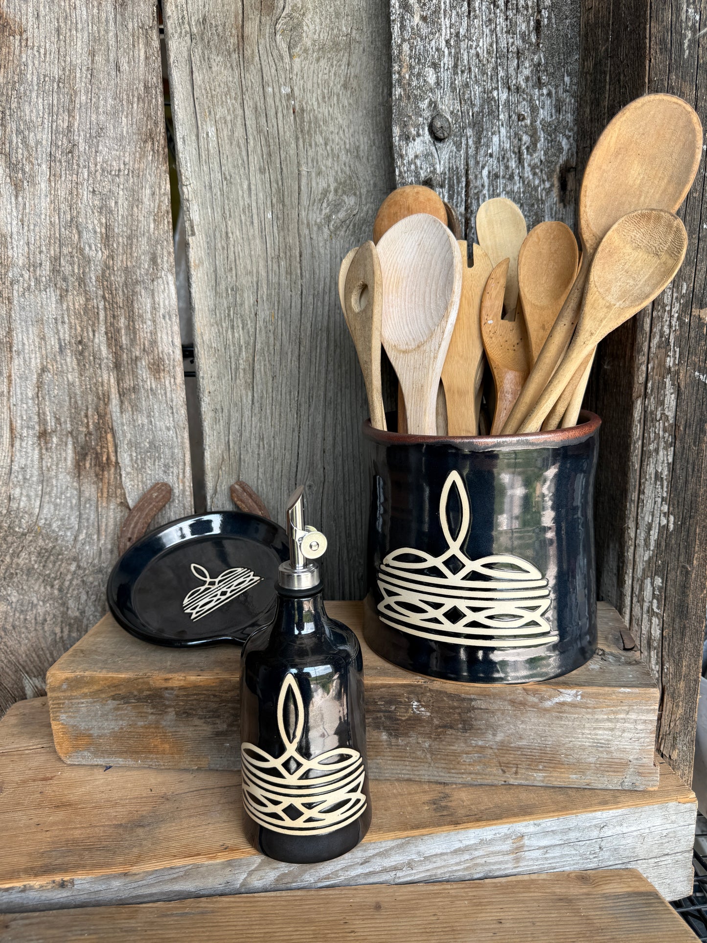 Kitchen Utensil Crock, spoon rest and Oil Bottle - gunmetal boot stitch