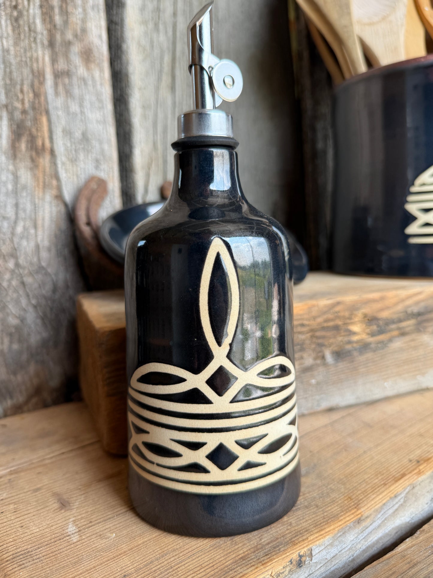 Kitchen Utensil Crock, spoon rest and Oil Bottle - gunmetal boot stitch