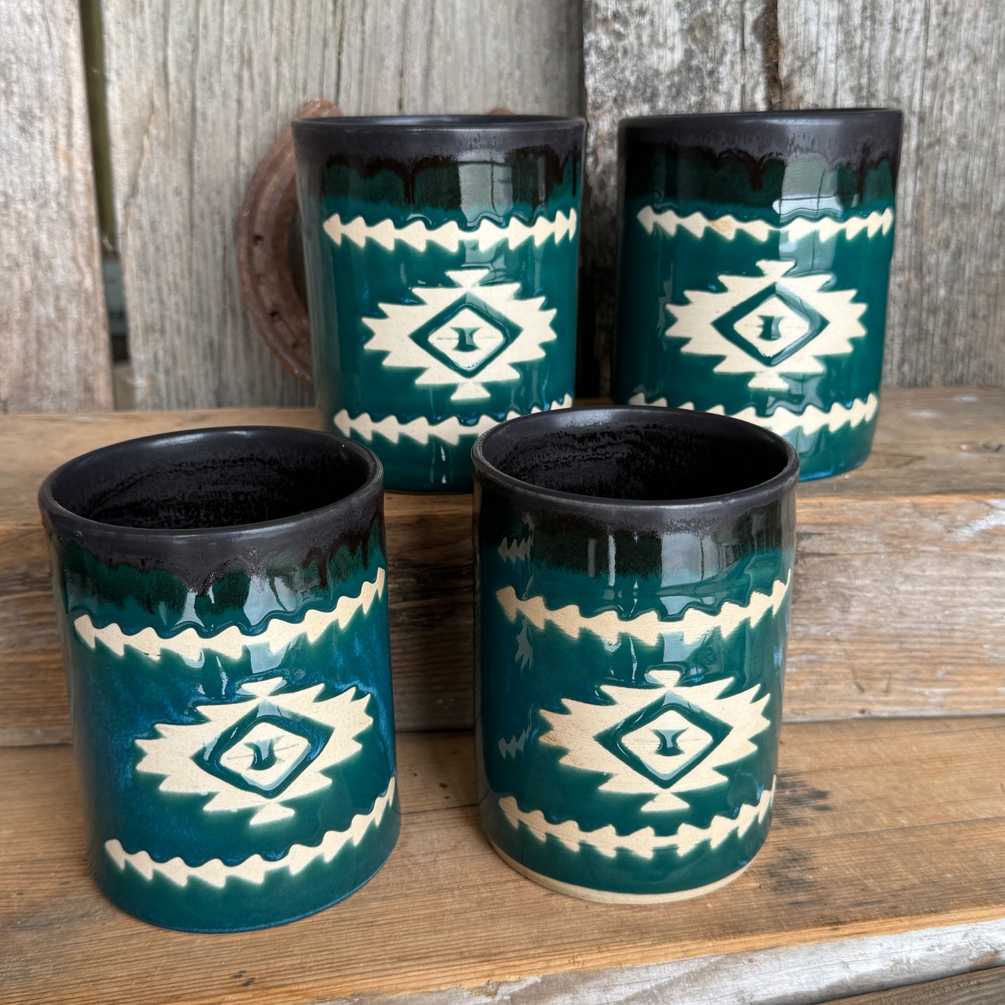 Cup Set of 4 - Southwestern Black and Turquoise Green
