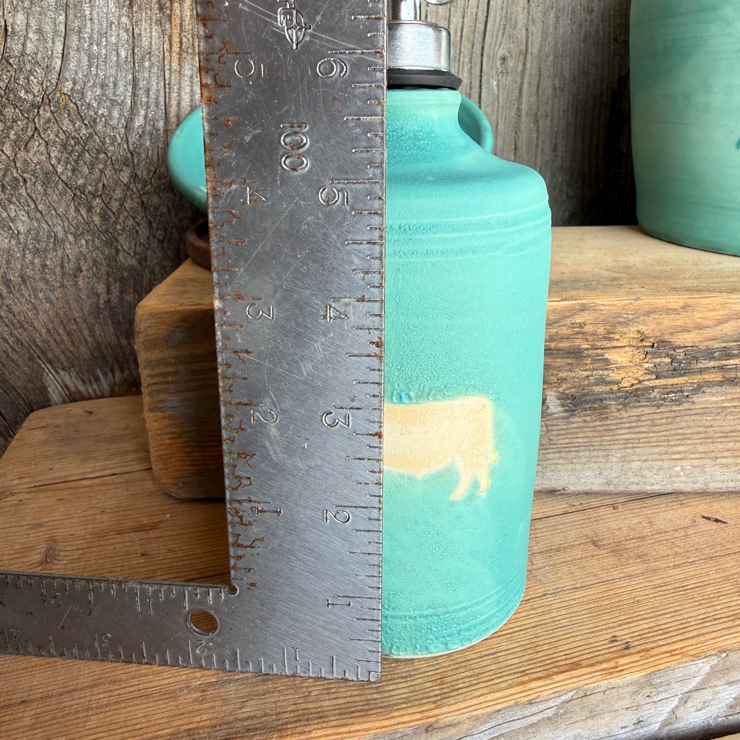 Kitchen Utensil Crock, spoon rest and Oil Bottle - turquoise cattle