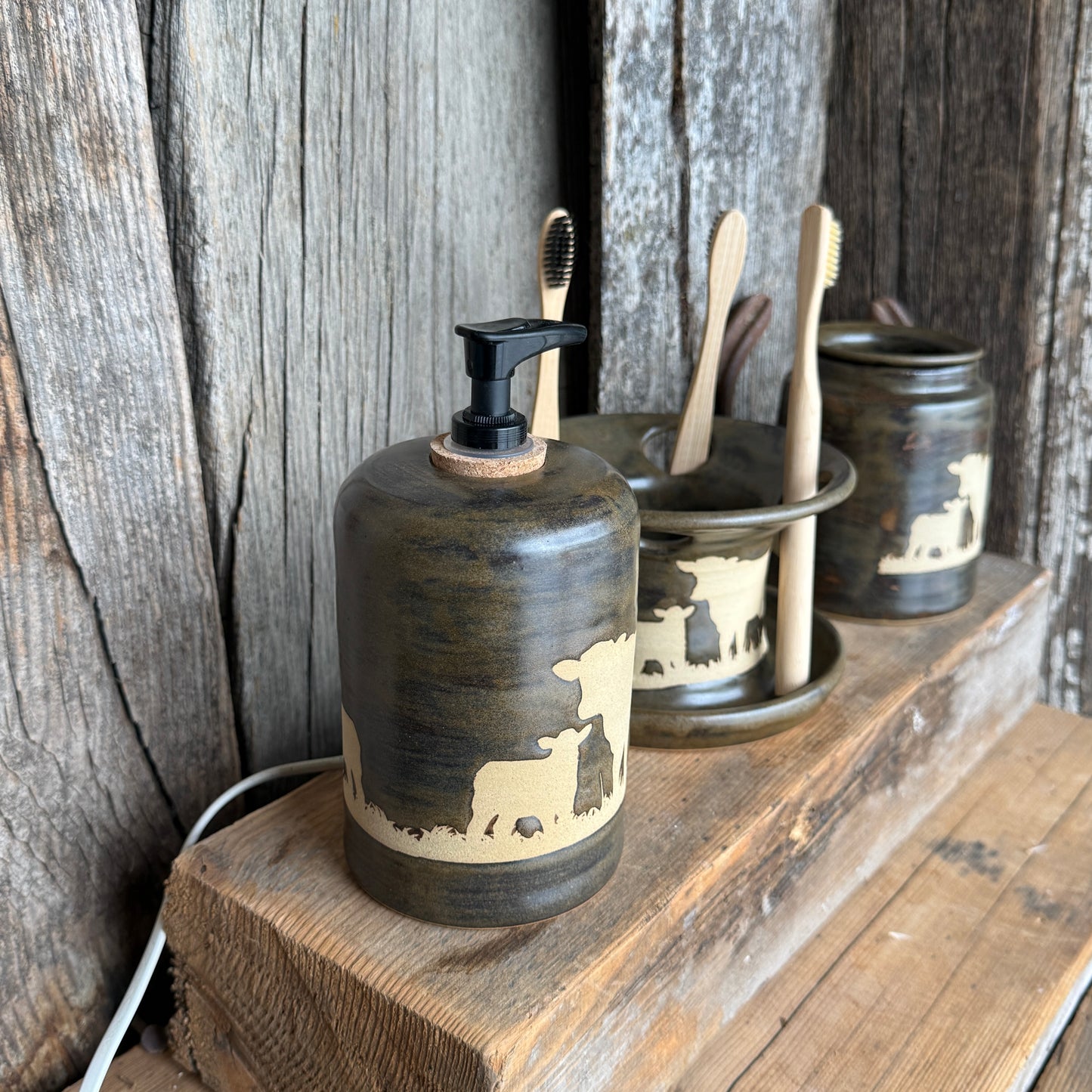 Bathroom Set of 3 - Soap Bottle, canister, and toothbrush holder (regular and electric)  - Cow Calf