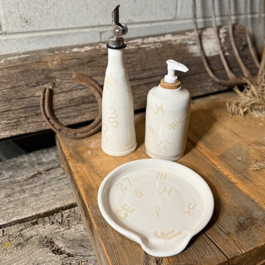 Set of 3 Branded - soap dispenser, oil bottle, spoon rest