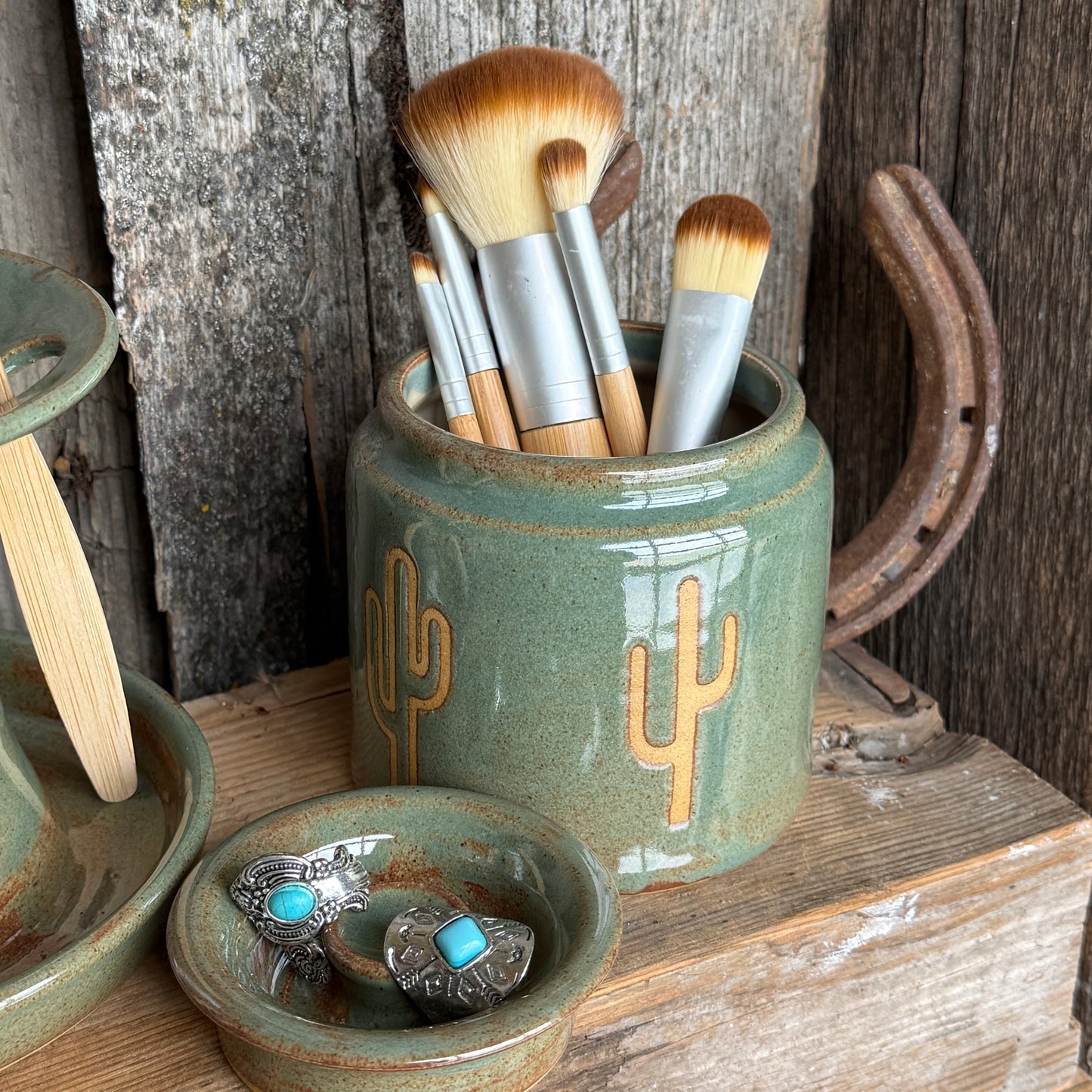 Bathroom Set of 3 - Soap Bottle, canister, and toothbrush holder - Sagebrush Cactus