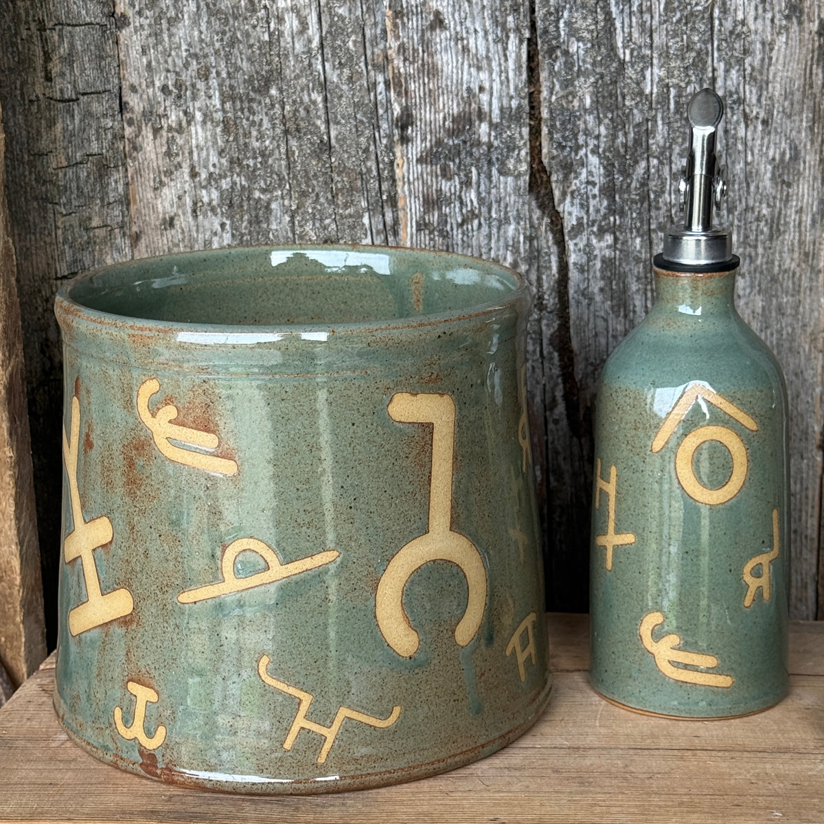 Kitchen Utensil Crock, spoon rest and oil bottle- Sagebrush Branded