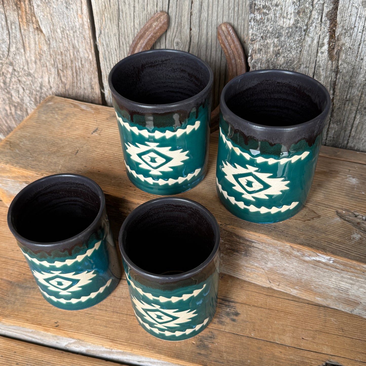 Cup Set of 4 - Southwestern Black and Turquoise Green